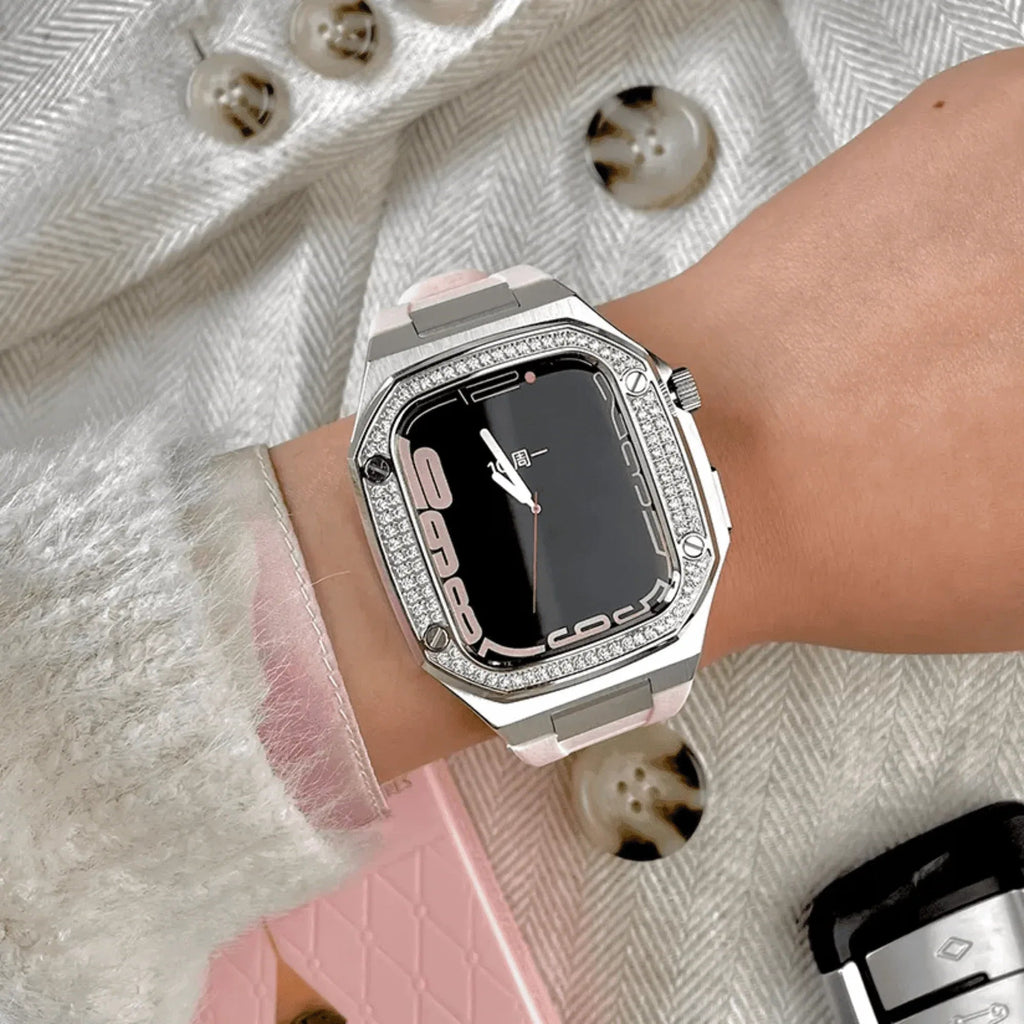 Luxury Metal Mod Kit for Apple Watch | Case with Jewels, Rubber & Stainless Steel Straps | Apple Watch SE/3/4/5/6 accessory - 44 mm| Rosè Gold case - Pink Band - DREAM WATCHES