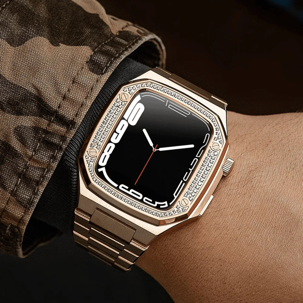 Luxury Metal Mod Kit for Apple Watch | Case with Jewels, Rubber & Stainless Steel Straps | Apple Watch SE/3/4/5/6 accessory - 44 mm| Silver case - Black Band - DREAM WATCHES