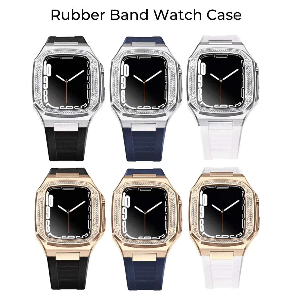 Luxury Metal Mod Kit for Apple Watch | Case with Jewels, Rubber & Stainless Steel Straps | Apple Watch SE/3/4/5/6 accessory - 44 mm| Silver case - Blue Band - DREAM WATCHES