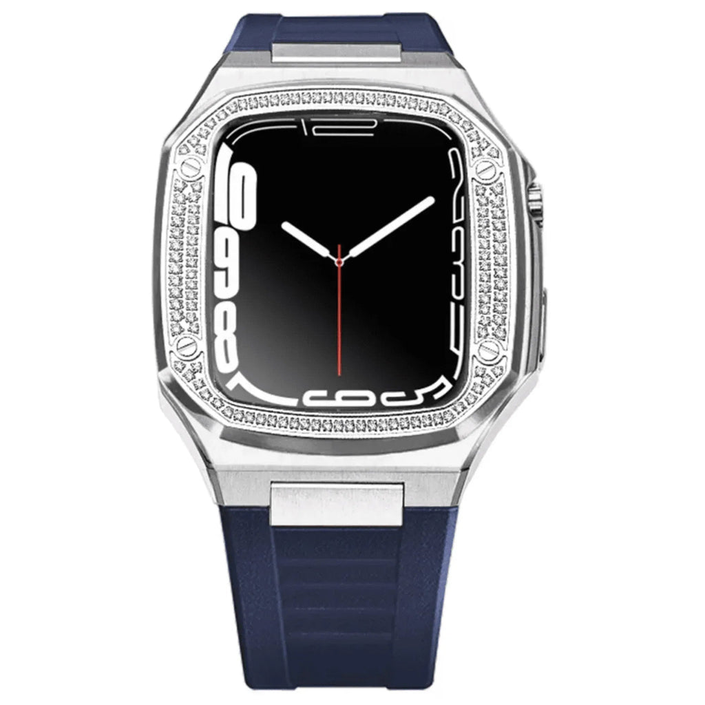 Luxury Metal Mod Kit for Apple Watch | Case with Jewels, Rubber & Stainless Steel Straps | Apple Watch SE/3/4/5/6 accessory - 44 mm| Silver case - Blue Band - DREAM WATCHES