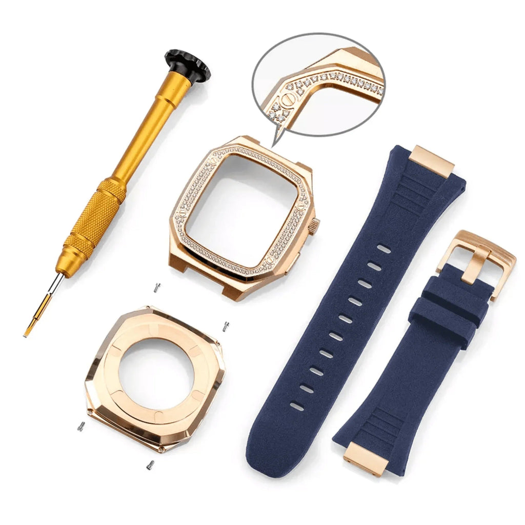 Luxury Metal Mod Kit for Apple Watch | Case with Jewels, Rubber & Stainless Steel Straps | Apple Watch SE/3/4/5/6 accessory - 44 mm| Silver case - Blue Band - DREAM WATCHES