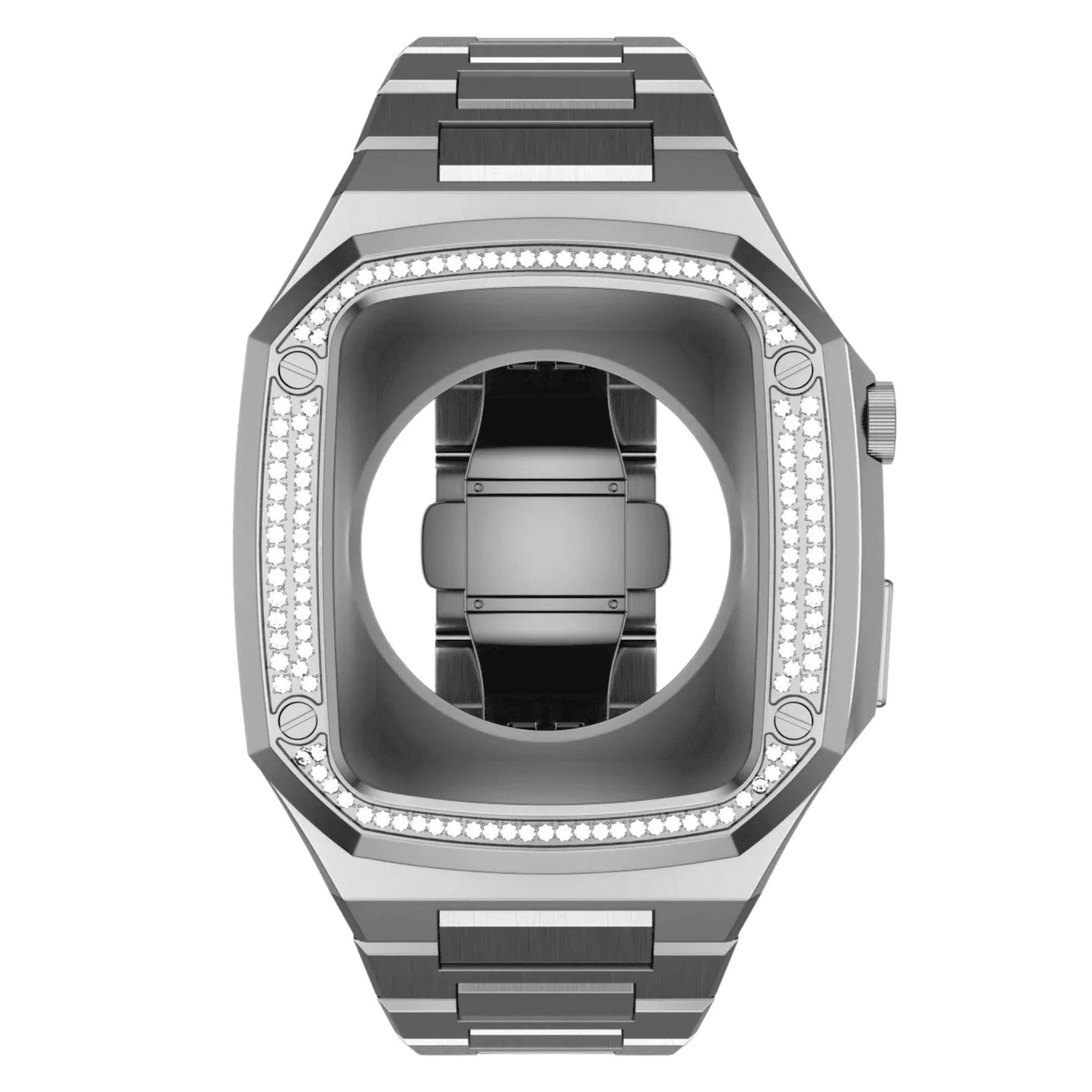 Luxury Metal Mod Kit for Apple Watch | Case with Jewels, Rubber & Stainless Steel Straps | Apple Watch SE/3/4/5/6 accessory - 44 mm| Silver case - Silver Band - DREAM WATCHES