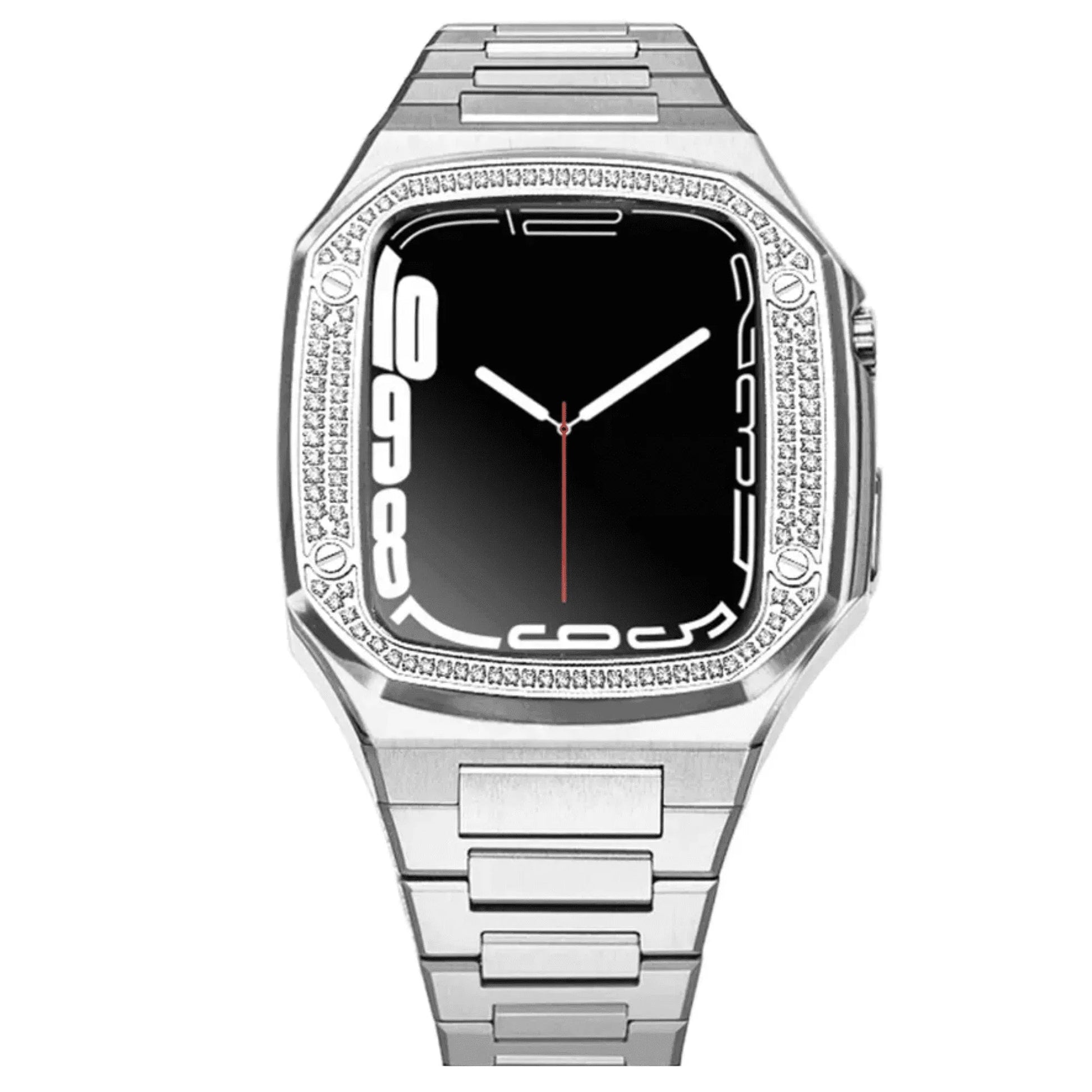 Luxury Metal Mod Kit for Apple Watch | Case with Jewels, Rubber & Stainless Steel Straps | Apple Watch SE/3/4/5/6 accessory - 44 mm| Silver case - Silver Band - DREAM WATCHES