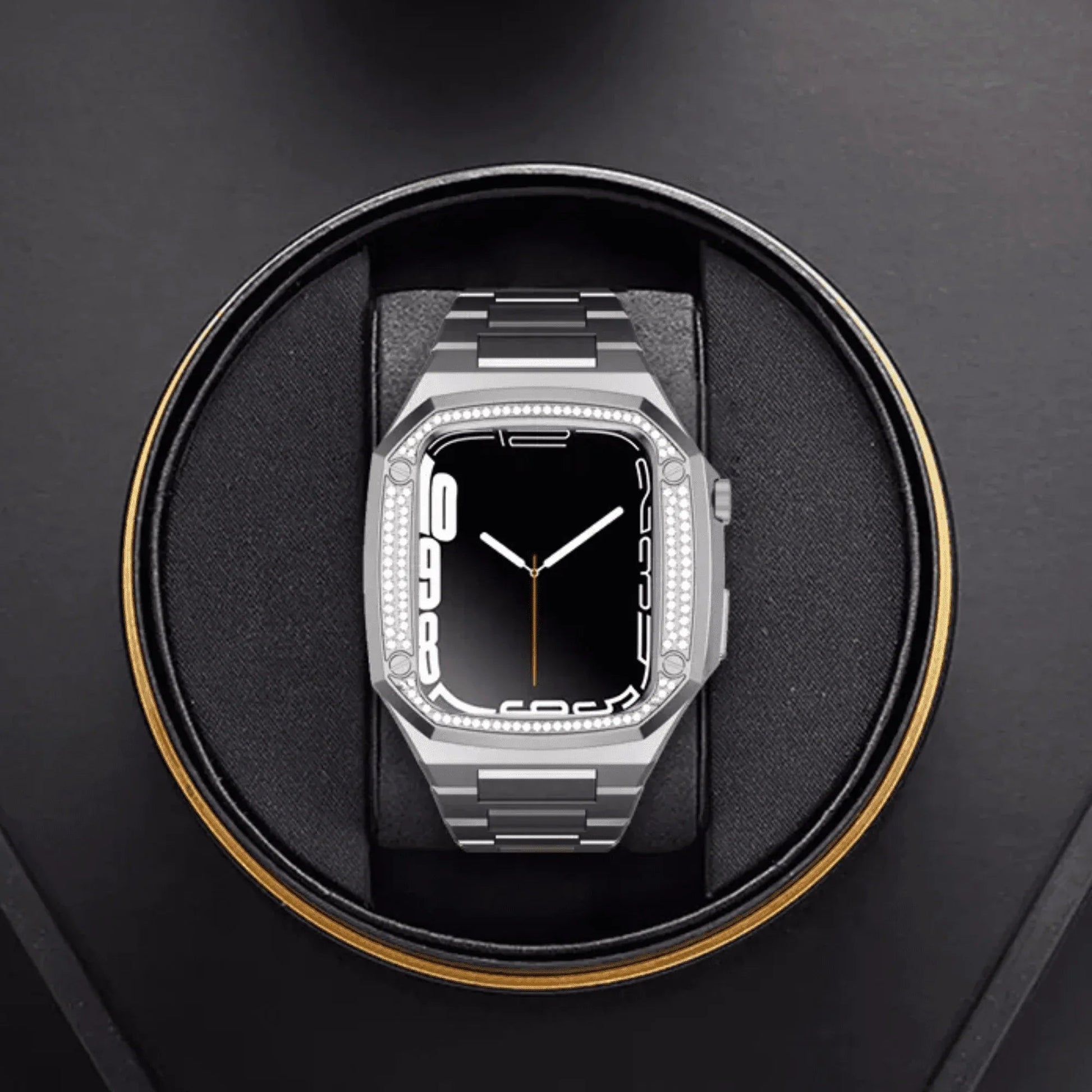 Luxury Metal Mod Kit for Apple Watch | Case with Jewels, Rubber & Stainless Steel Straps | Apple Watch SE/3/4/5/6 accessory - 44 mm| Silver case - Silver Band - DREAM WATCHES