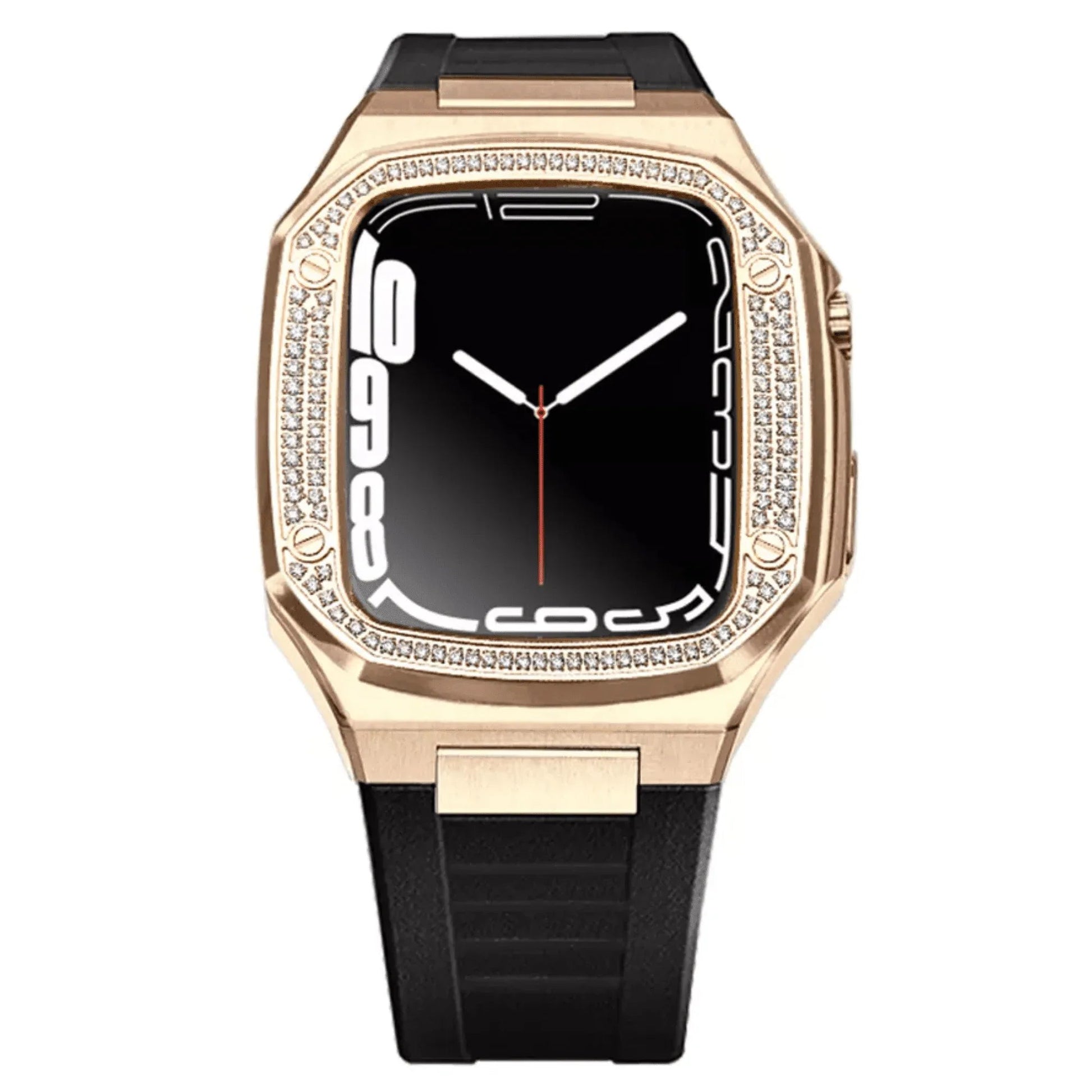 Luxury Metal Mod Kit for Apple Watch | Case with Jewels, Rubber & Stainless Steel Straps | Apple Watch SE/3/4/5/6 accessory - 45 mm| Rosè Gold case - Black Band - DREAM WATCHES