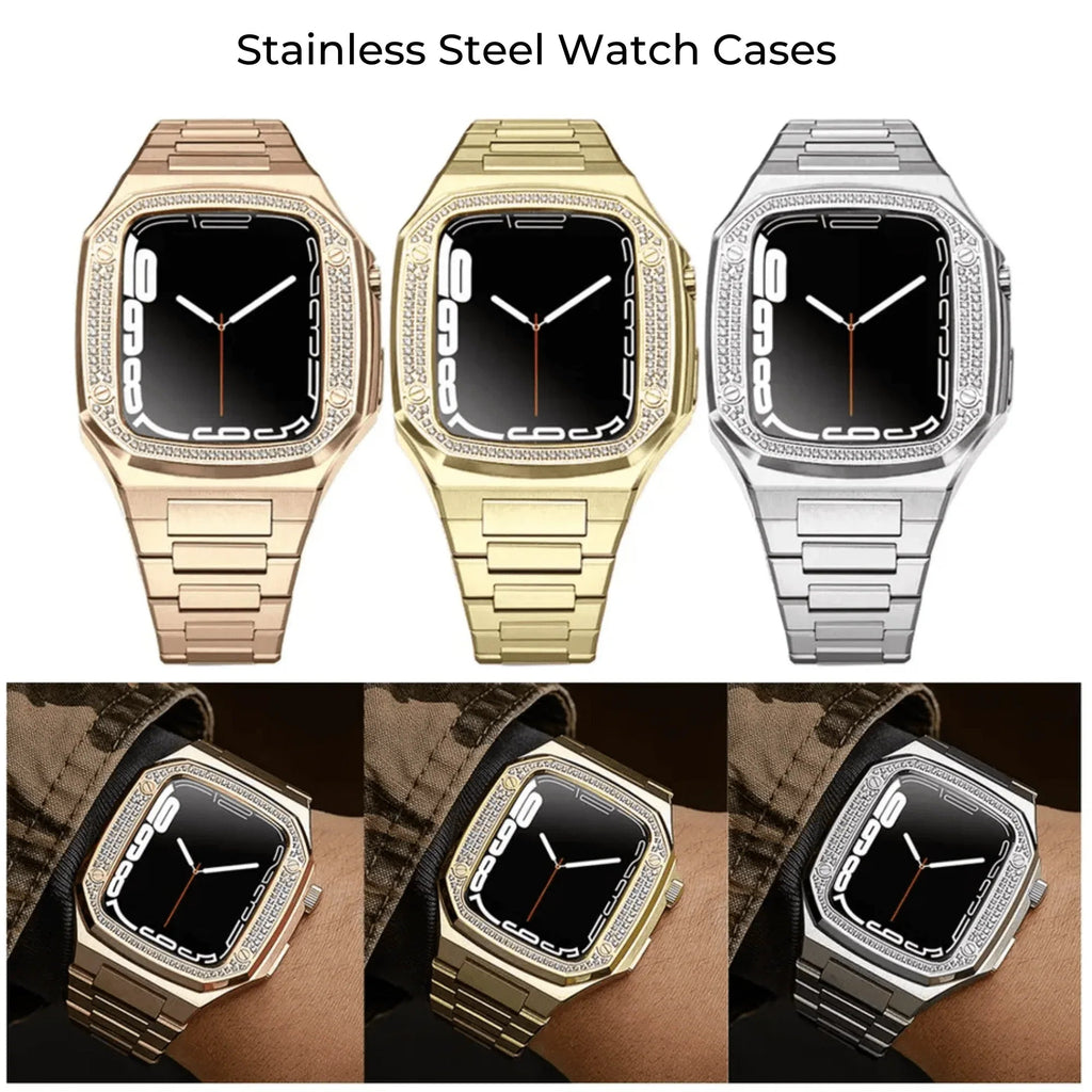 Luxury Metal Mod Kit for Apple Watch | Case with Jewels, Rubber & Stainless Steel Straps | Apple Watch SE/3/4/5/6/7/8 accessory - 45 mm| Rosè Gold Case - Rosè Gold Band - DREAM WATCHES