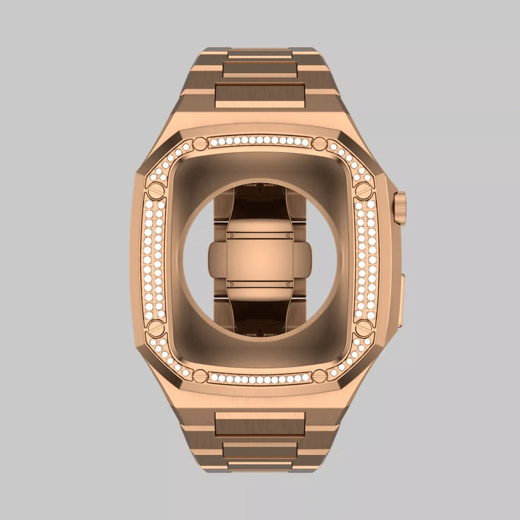 Luxury Metal Mod Kit for Apple Watch | Case with Jewels, Rubber & Stainless Steel Straps | Apple Watch SE/3/4/5/6/7/8 accessory - 45 mm| Rosè Gold Case - Rosè Gold Band - DREAM WATCHES