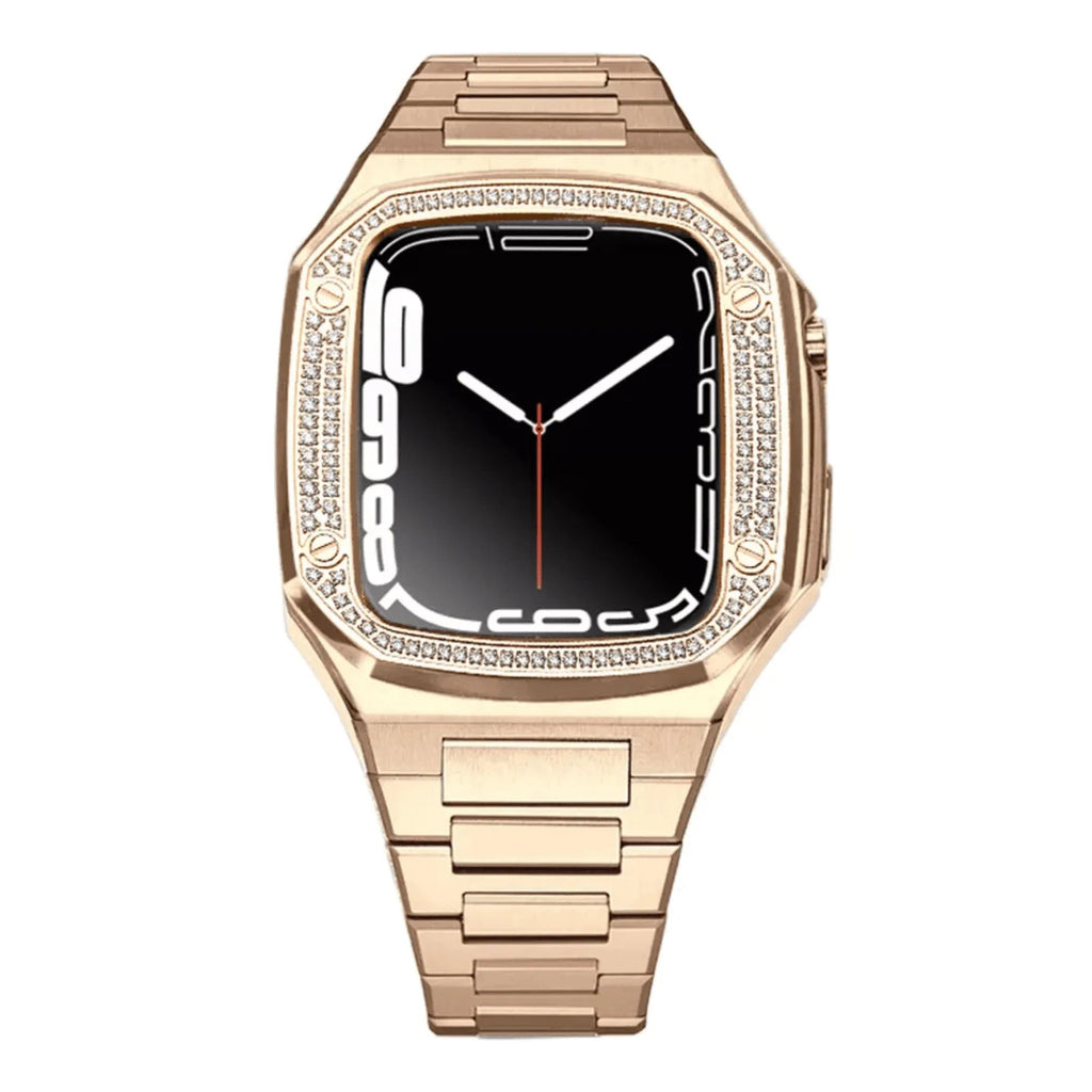 Luxury Metal Mod Kit for Apple Watch | Case with Jewels, Rubber & Stainless Steel Straps | Apple Watch SE/3/4/5/6/7/8 accessory - 45 mm| Rosè Gold Case - Rosè Gold Band - DREAM WATCHES