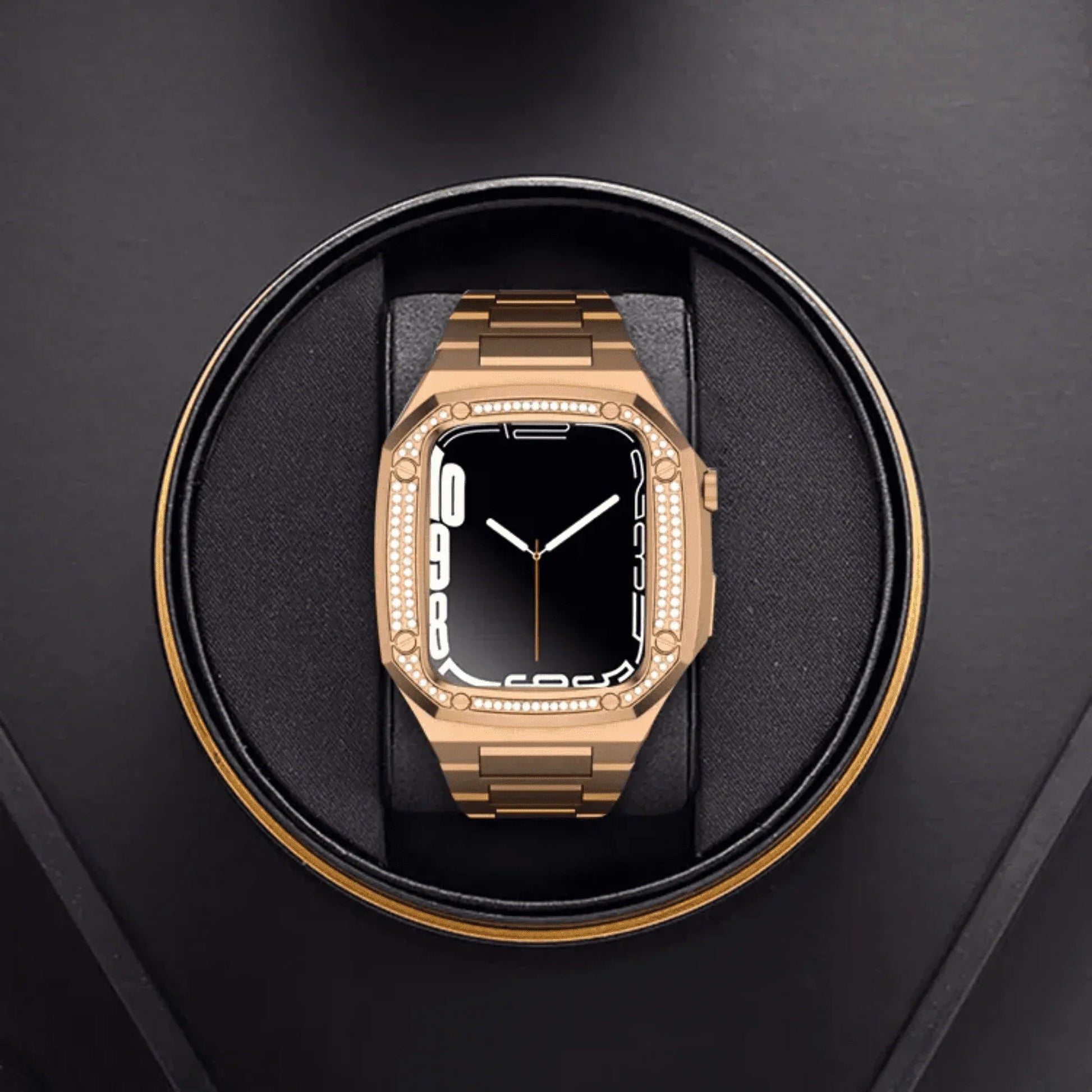 Luxury Metal Mod Kit for Apple Watch | Case with Jewels, Rubber & Stainless Steel Straps | Apple Watch SE/3/4/5/6/7/8 accessory - 45 mm| Rosè Gold Case - Rosè Gold Band - DREAM WATCHES
