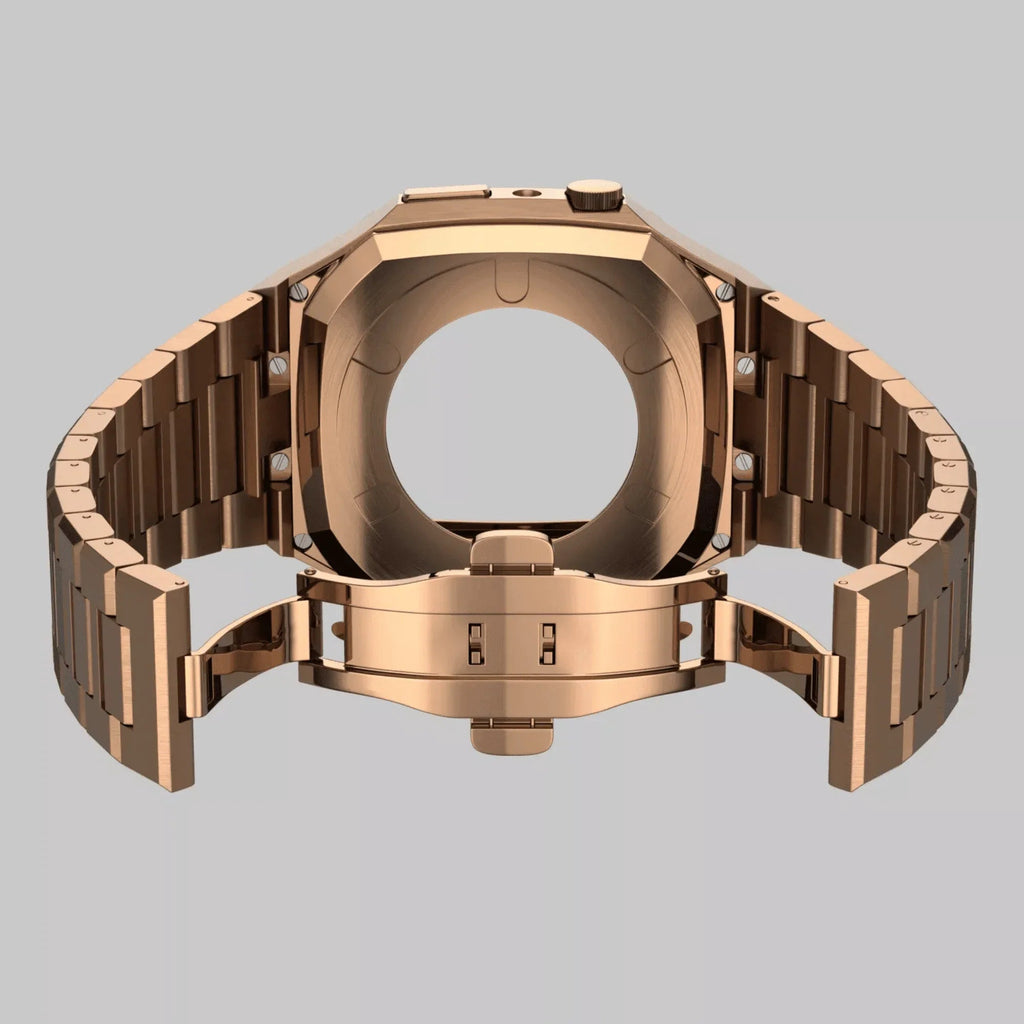 Luxury Metal Mod Kit for Apple Watch | Case with Jewels, Rubber & Stainless Steel Straps | Apple Watch SE/3/4/5/6/7/8 accessory - 45 mm| Rosè Gold Case - Rosè Gold Band - DREAM WATCHES