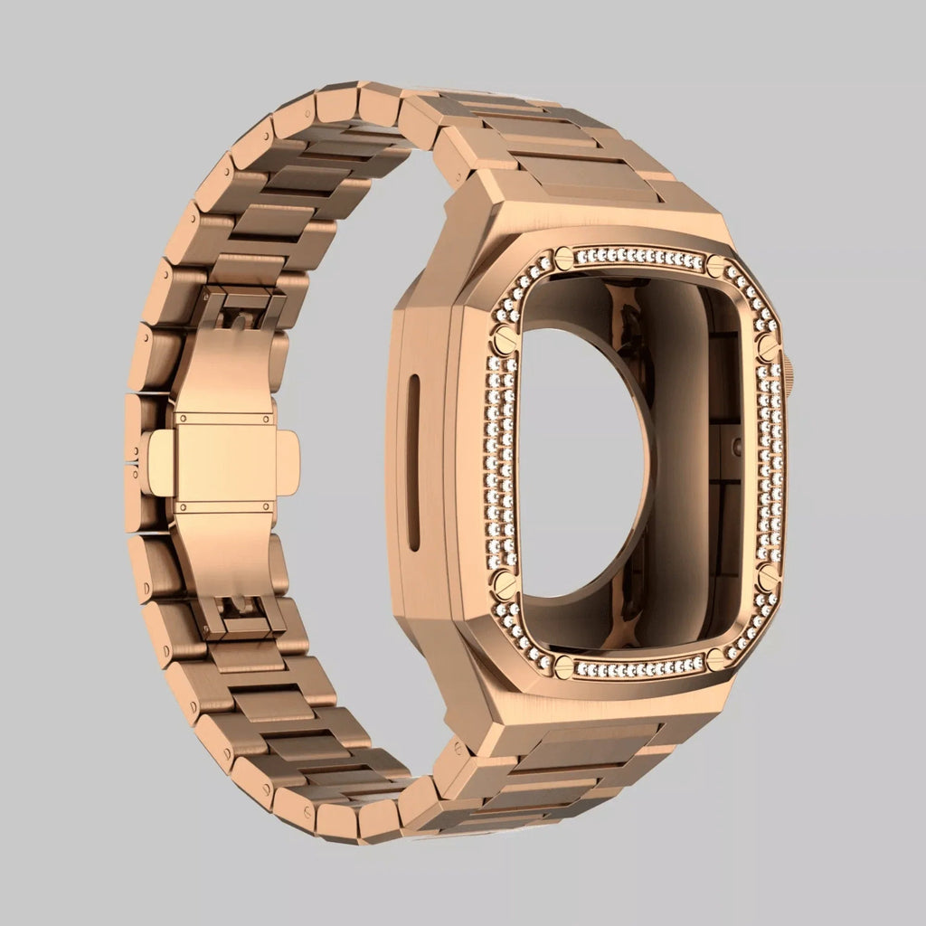 Luxury Metal Mod Kit for Apple Watch | Case with Jewels, Rubber & Stainless Steel Straps | Apple Watch SE/3/4/5/6/7/8 accessory - 45 mm| Rosè Gold Case - Rosè Gold Band - DREAM WATCHES