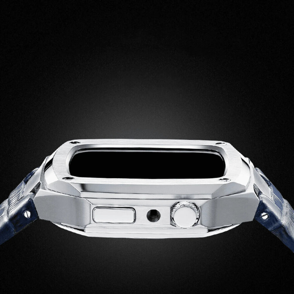 Luxury Metal Mod Kit for Apple Watch | Leather & Stainless Steel Straps | Apple Watch 7/8 accessory (45 mm| Silver Case - Blue Leather Band) - DREAM WATCHES