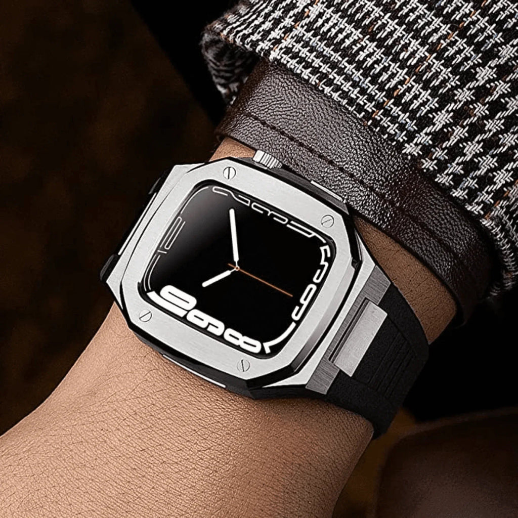 Luxury Metal Mod Kit for Apple Watch | Leather & Stainless Steel Straps | Apple Watch 7/8 accessory (45 mm| Silver Case - Blue Leather Band) - DREAM WATCHES