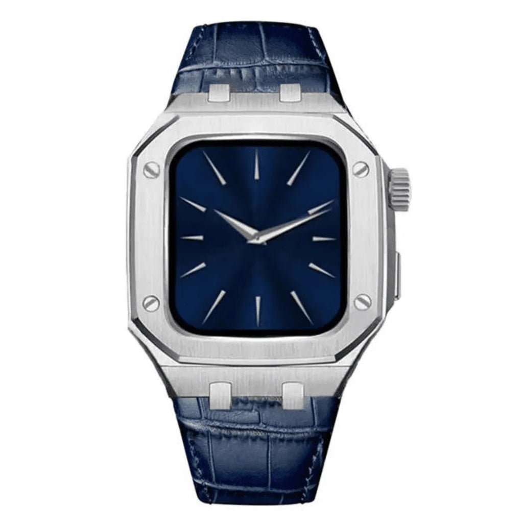 Luxury Metal Mod Kit for Apple Watch | Leather & Stainless Steel Straps | Apple Watch 7/8 accessory (45 mm| Silver Case - Blue Leather Band) - DREAM WATCHES