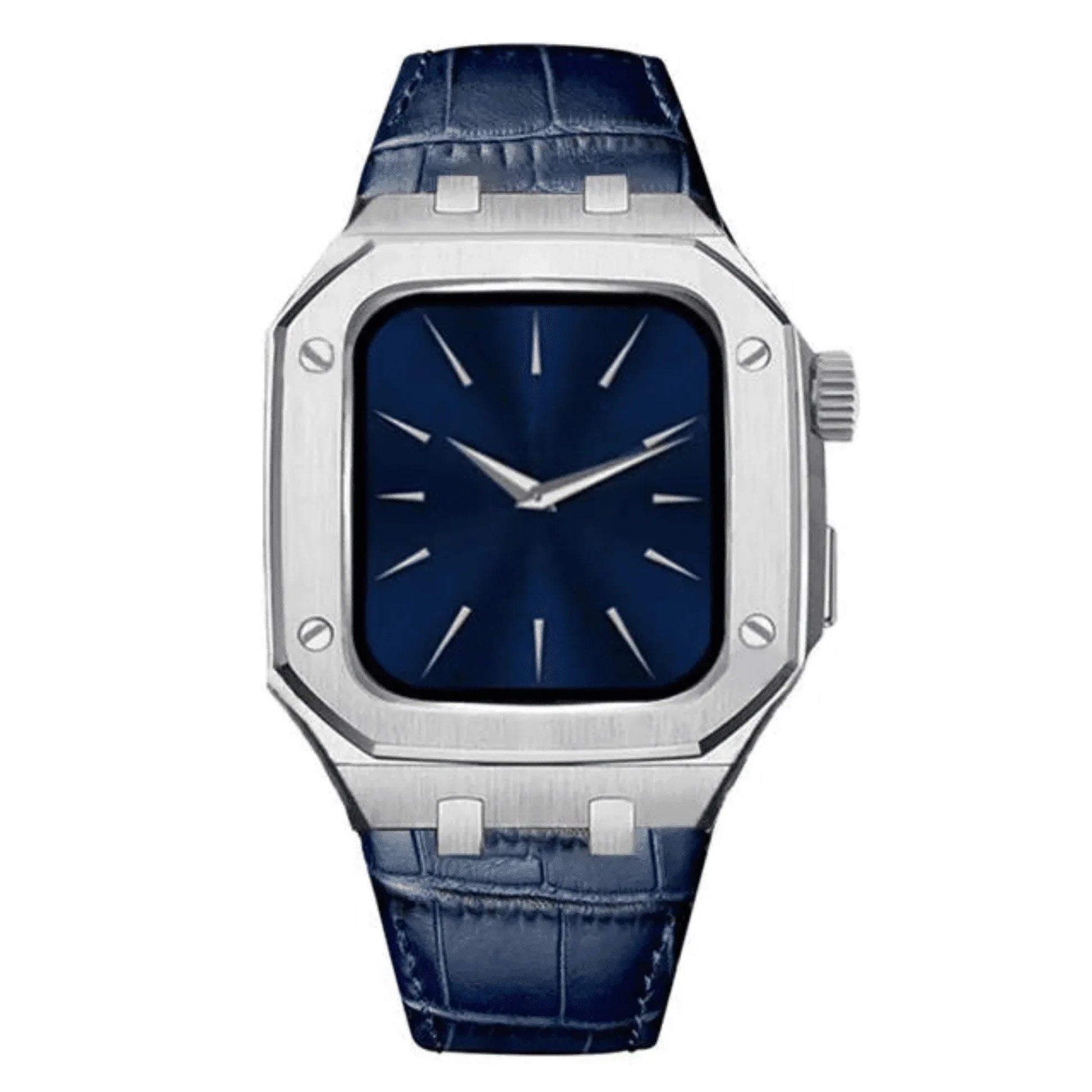 Luxury Metal Mod Kit for Apple Watch | Leather & Stainless Steel Straps | Apple Watch 7/8 accessory (45 mm| Silver Case - Blue Leather Band) - DREAM WATCHES