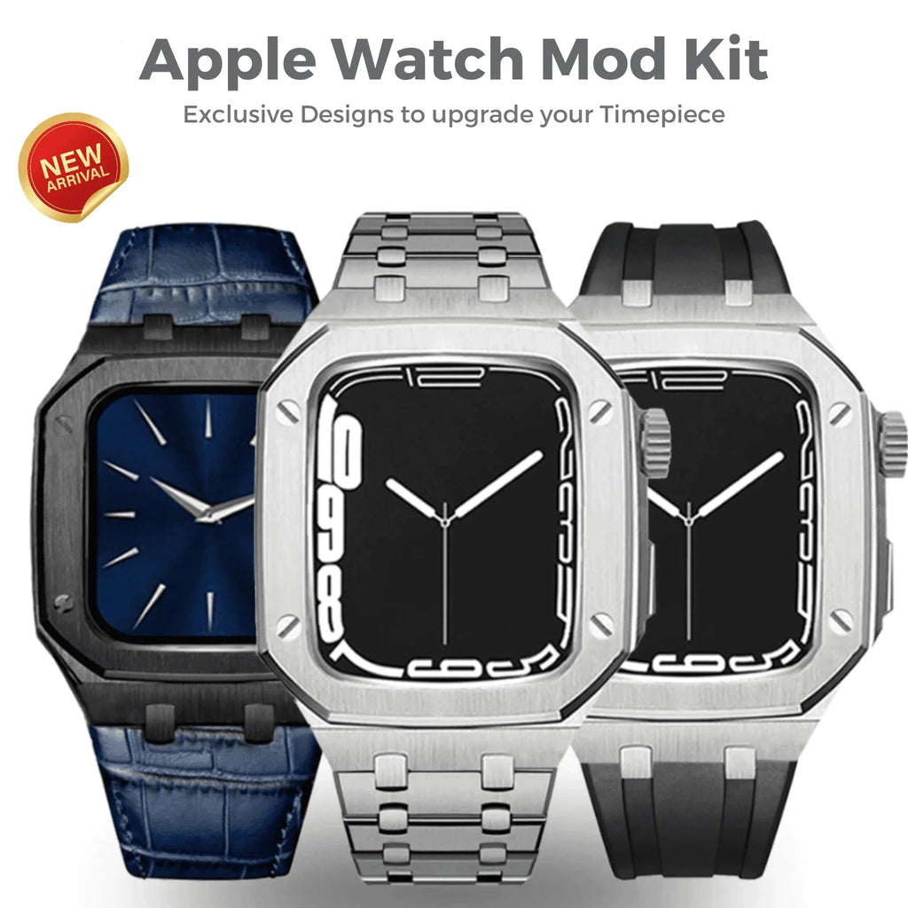 Luxury Metal Mod Kit for Apple Watch | Leather & Stainless Steel Straps | Apple Watch 7/8 accessory (45 mm| Silver Case - Blue Leather Band) - DREAM WATCHES