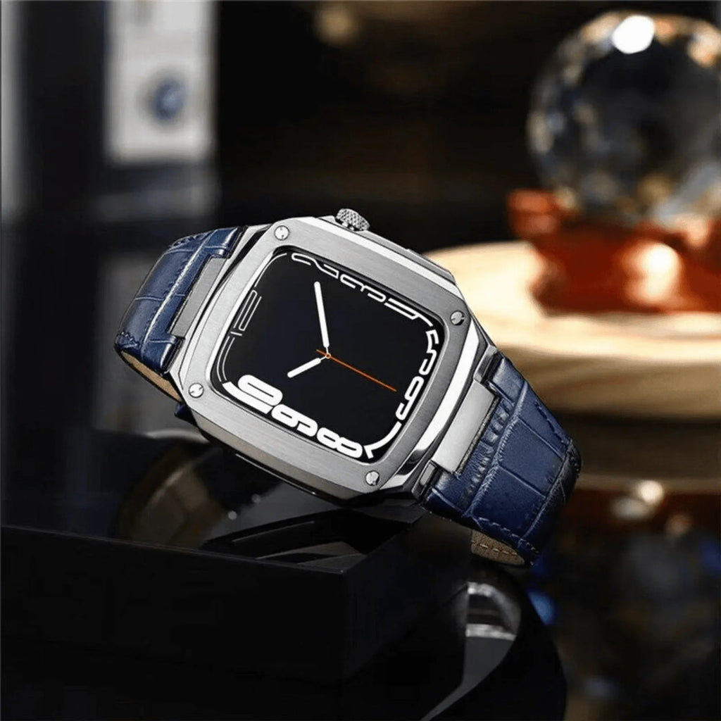Luxury Metal Mod Kit for Apple Watch | Leather & Stainless Steel Straps | Apple Watch 7/8 accessory (45 mm| Silver Case - Blue Leather Band) - DREAM WATCHES