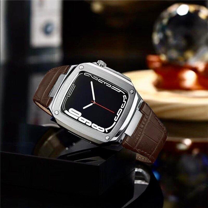 Luxury Metal Mod Kit for Apple Watch | Leather & Stainless Steel Straps | Apple Watch 7/8 accessory (45 mm| Silver Case - Brown Leather Band) - DREAM WATCHES