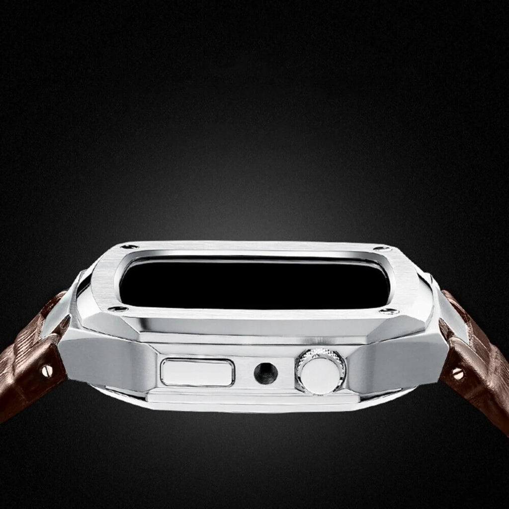 Luxury Metal Mod Kit for Apple Watch | Leather & Stainless Steel Straps | Apple Watch 7/8 accessory (45 mm| Silver Case - Brown Leather Band) - DREAM WATCHES