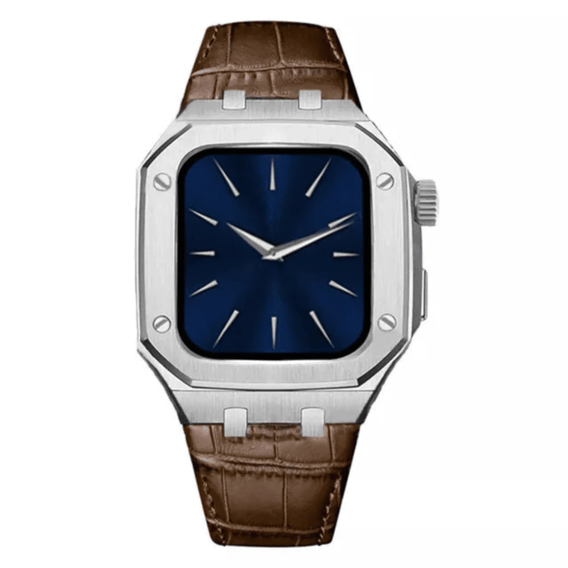 Luxury Metal Mod Kit for Apple Watch | Leather & Stainless Steel Straps | Apple Watch 7/8 accessory (45 mm| Silver Case - Brown Leather Band) - DREAM WATCHES