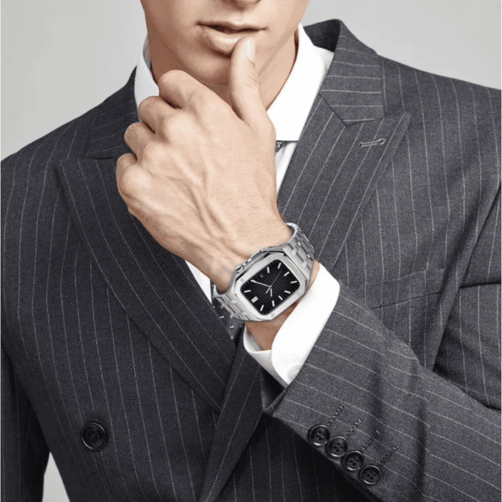 Luxury Metal Mod Kit for Apple Watch | Leather & Stainless Steel Straps | Apple Watch 7/8 accessory (45 mm| Silver Case - Silver Band) - DREAM WATCHES