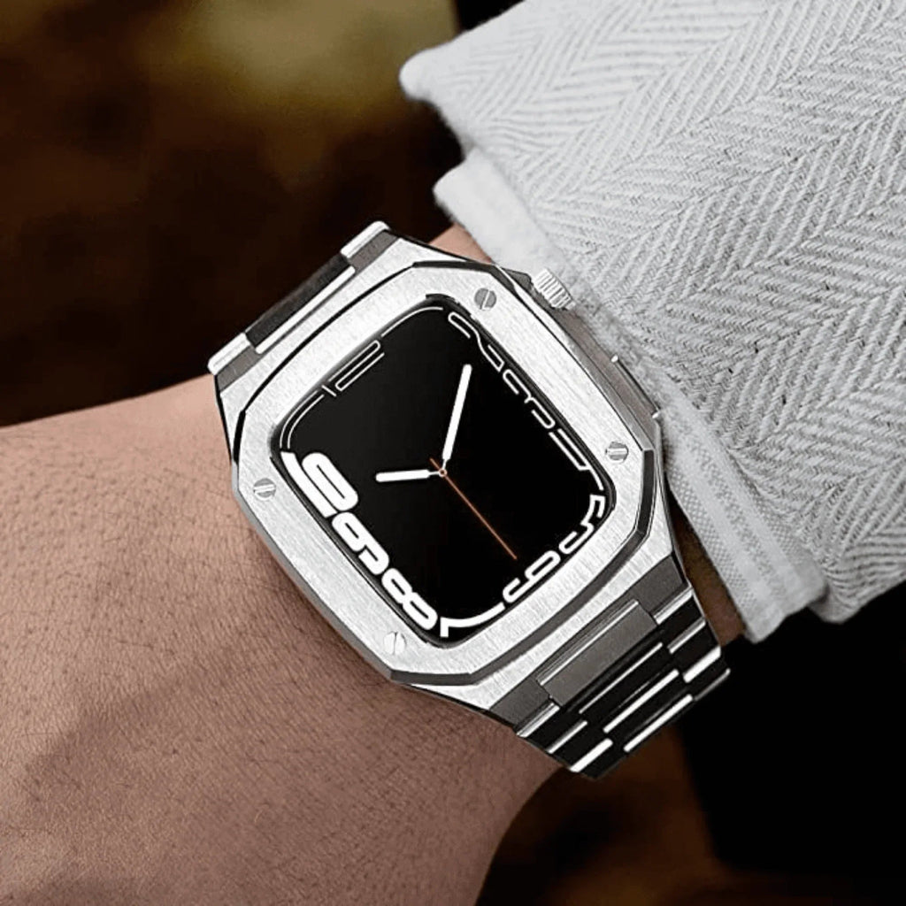 Luxury Metal Mod Kit for Apple Watch | Leather & Stainless Steel Straps | Apple Watch 7/8 accessory (45 mm| Silver Case - Silver Band) - DREAM WATCHES