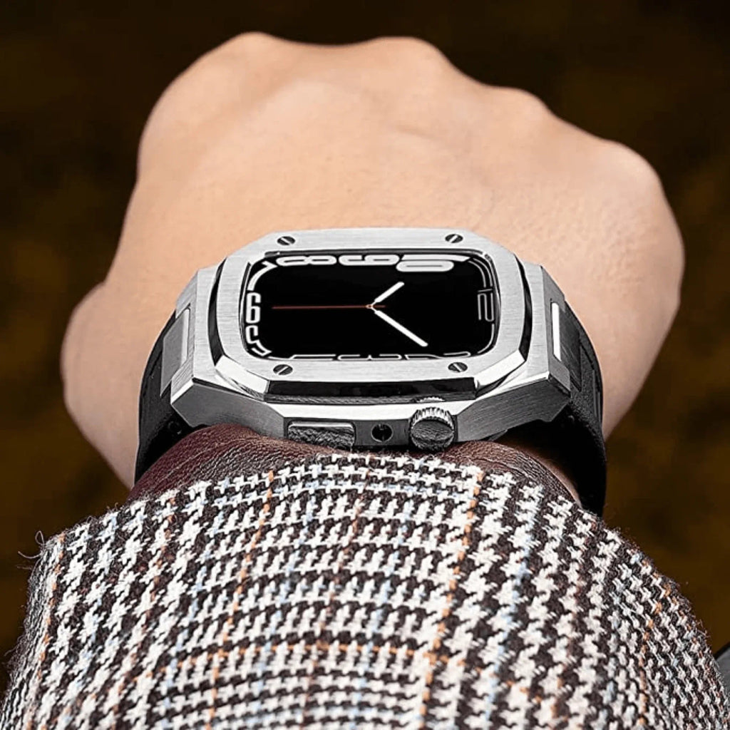 Luxury Metal Mod Kit for Apple Watch | Leather & Stainless Steel Straps | Apple Watch 7/8 accessory (45 mm| Silver Case - Silver Band) - DREAM WATCHES