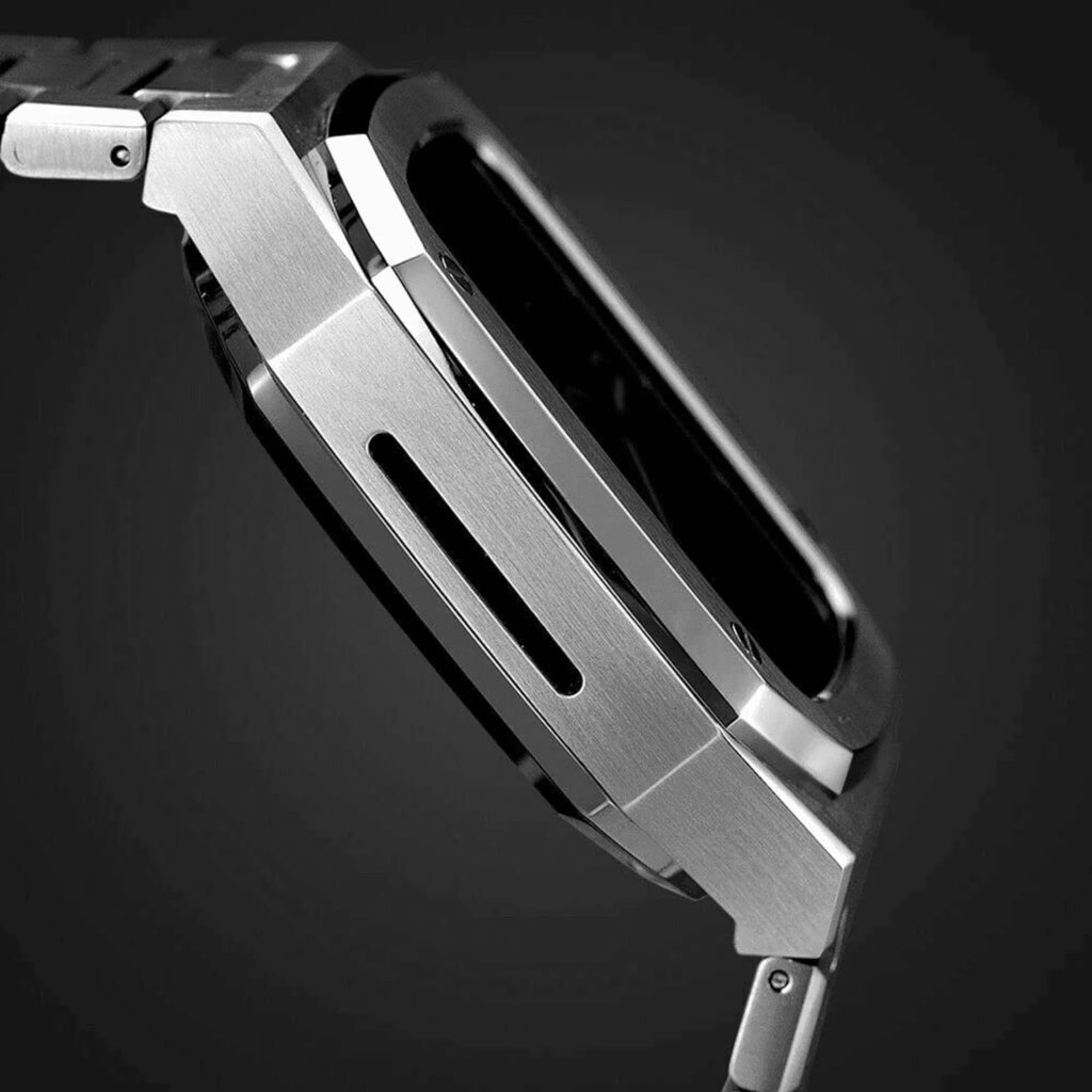 Luxury Metal Mod Kit for Apple Watch | Leather & Stainless Steel Straps | Apple Watch SE/3/4/5/6 accessory (44 mm| Silver Case - Silver Band) - DREAM WATCHES