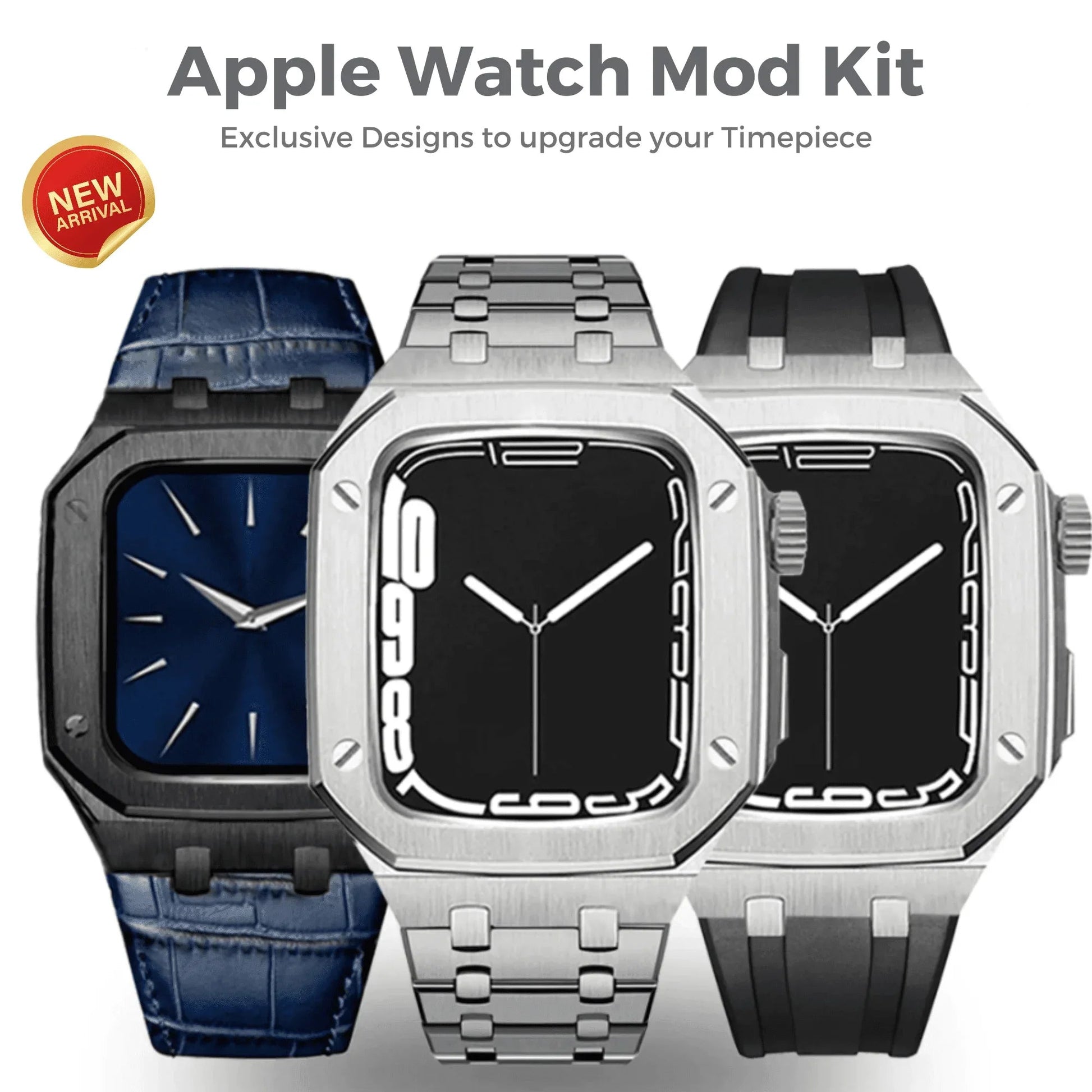 Luxury Metal Mod Kit for Apple Watch | Leather & Stainless Steel Straps | Apple Watch SE/3/4/5/6 accessory (44 mm| Silver Case - Silver Band) - DREAM WATCHES