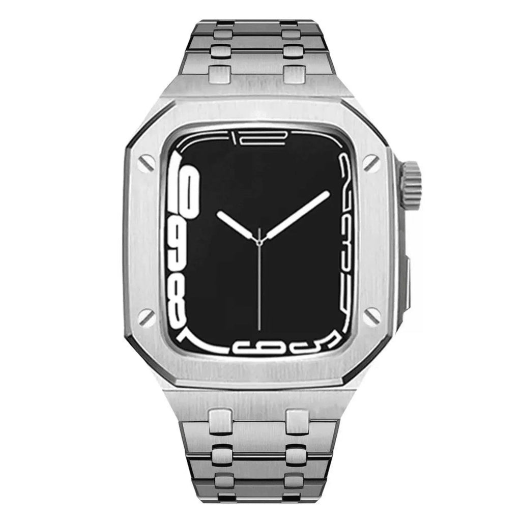 Luxury Metal Mod Kit for Apple Watch | Leather & Stainless Steel Straps | Apple Watch SE/3/4/5/6 accessory (44 mm| Silver Case - Silver Band) - DREAM WATCHES