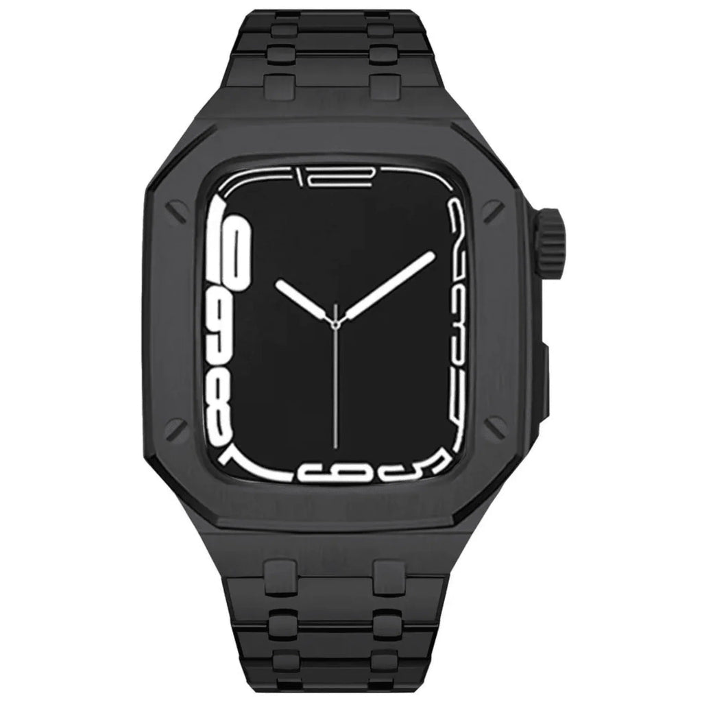 Luxury Metal Mod Kit for Apple Watch | Leather & Stainless Steel Straps | Apple Watch SE/3/4/5/6/7/8 accessory (44 mm| Carbon Black Case - Carbon Black Band) - DREAM WATCHES