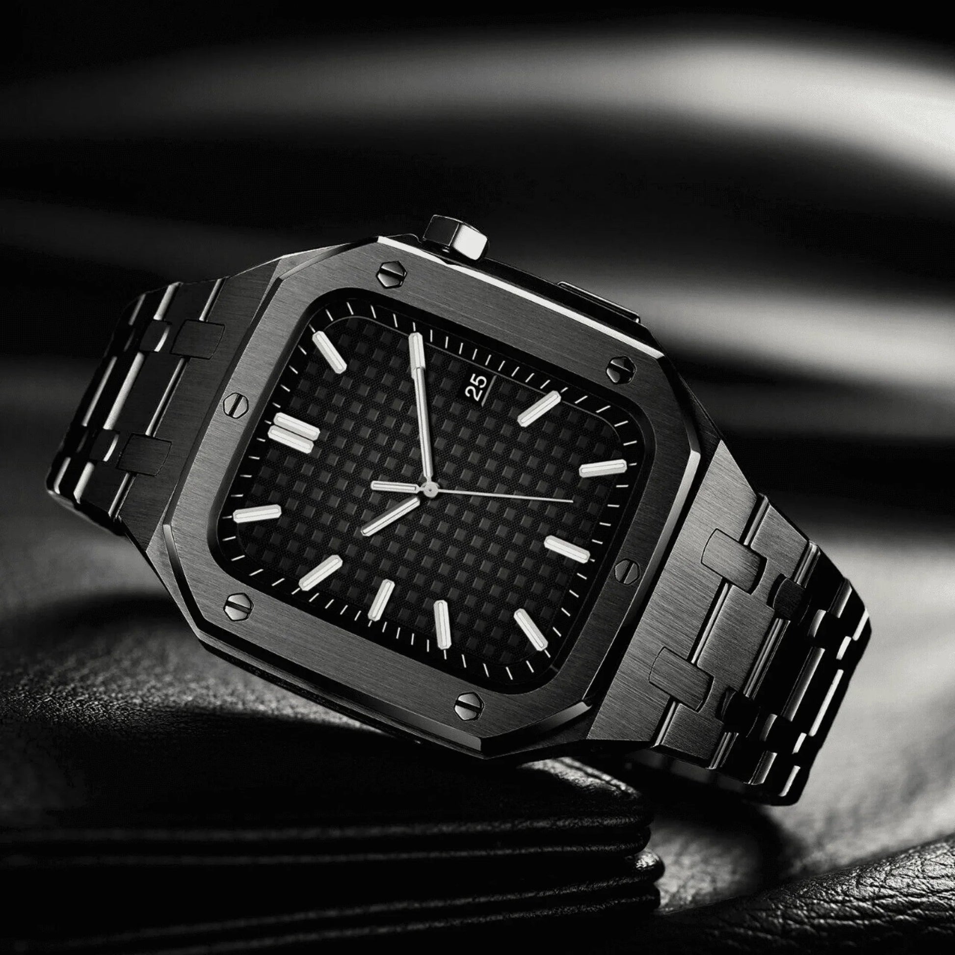 Luxury Metal Mod Kit for Apple Watch | Leather & Stainless Steel Straps | Apple Watch SE/3/4/5/6/7/8 accessory (44 mm| Carbon Black Case - Carbon Black Band) - DREAM WATCHES