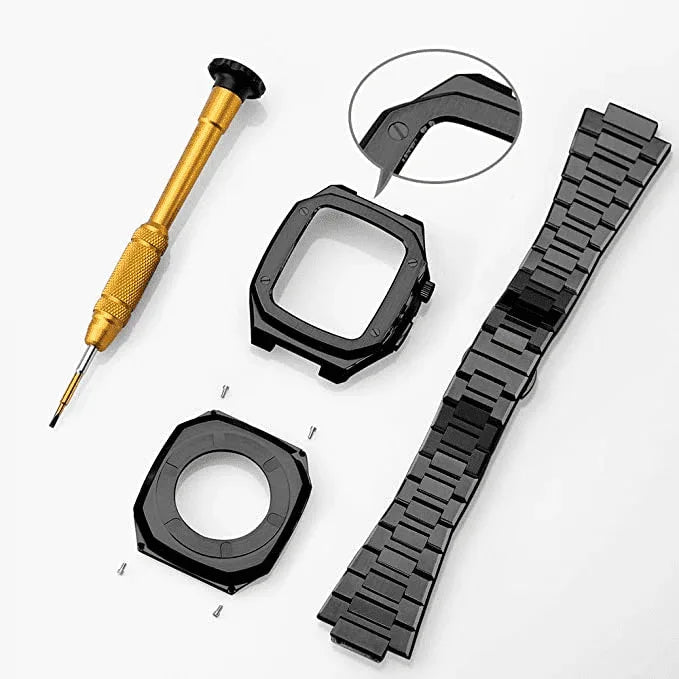 Luxury Metal Mod Kit for Apple Watch | Leather & Stainless Steel Straps | Apple Watch SE/3/4/5/6/7/8 accessory (44 mm| Carbon Black Case - Carbon Black Band) - DREAM WATCHES