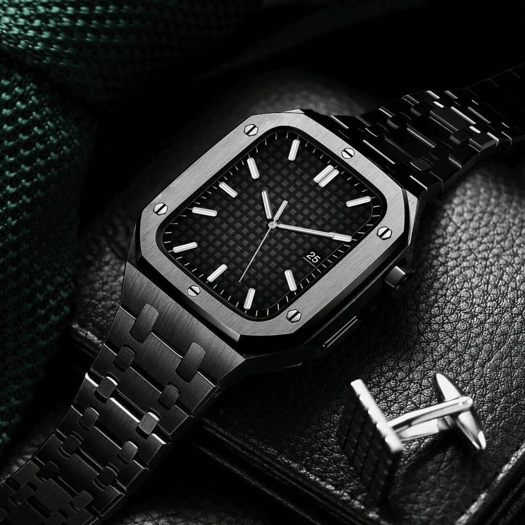 Luxury Metal Mod Kit for Apple Watch | Leather & Stainless Steel Straps | Apple Watch SE/3/4/5/6/7/8 accessory (44 mm| Carbon Black Case - Carbon Black Band) - DREAM WATCHES