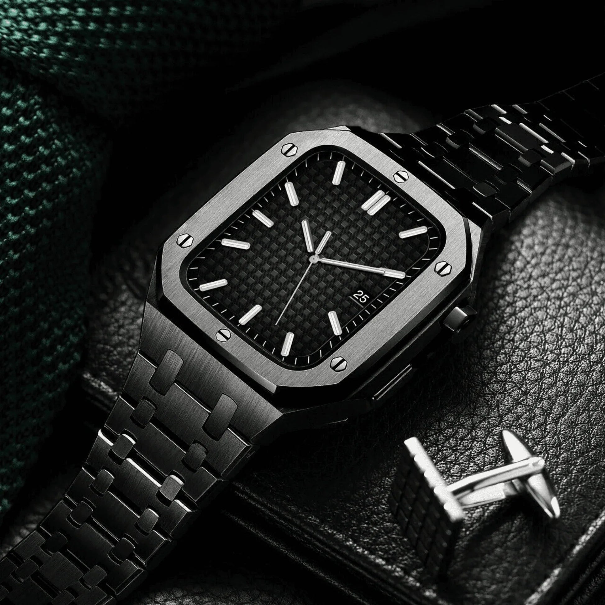 Luxury Metal Mod Kit for Apple Watch | Leather & Stainless Steel Straps | Apple Watch SE/3/4/5/6/7/8 accessory (44 mm| Carbon Black Case - Carbon Black Band) - DREAM WATCHES