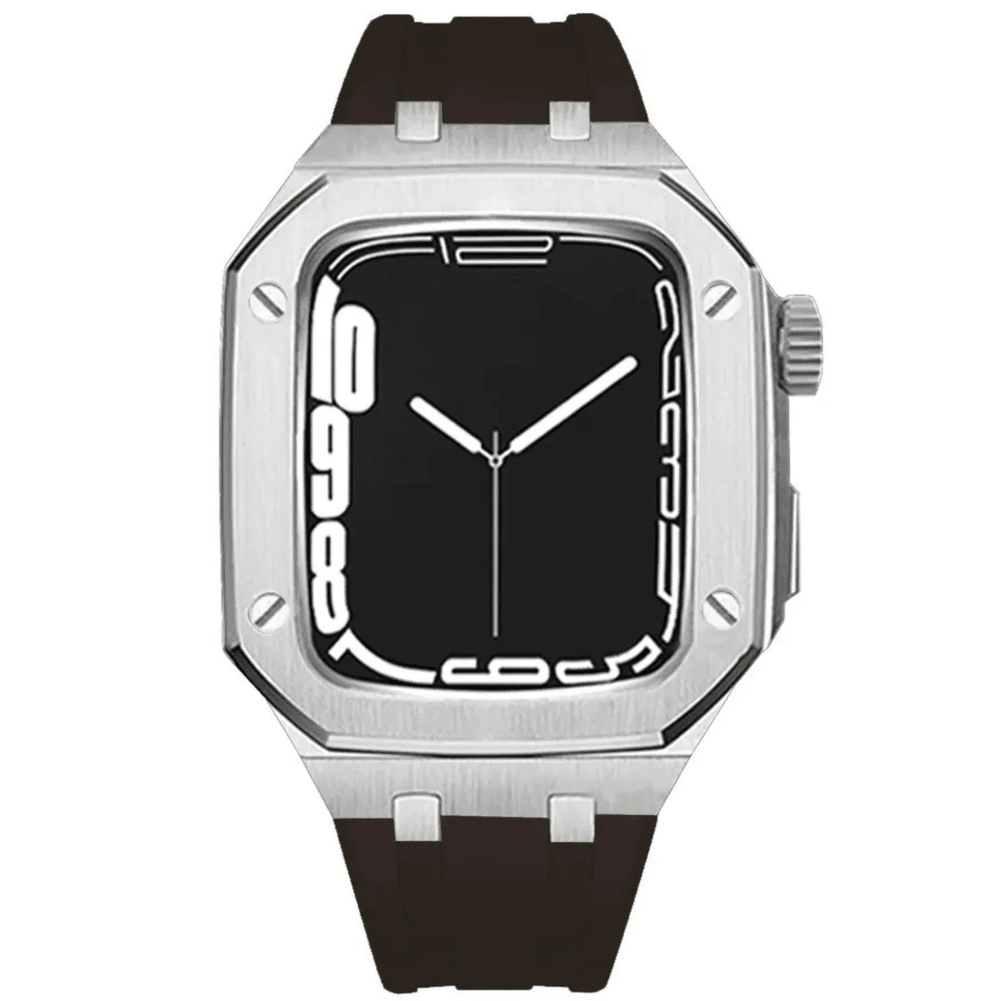 Luxury Metal Mod Kit for Apple Watch | Leather & Stainless Steel Straps | Apple Watch SE/3/4/5/6/7/8 accessory (45 mm| Silver Case - Black Band) - DREAM WATCHES