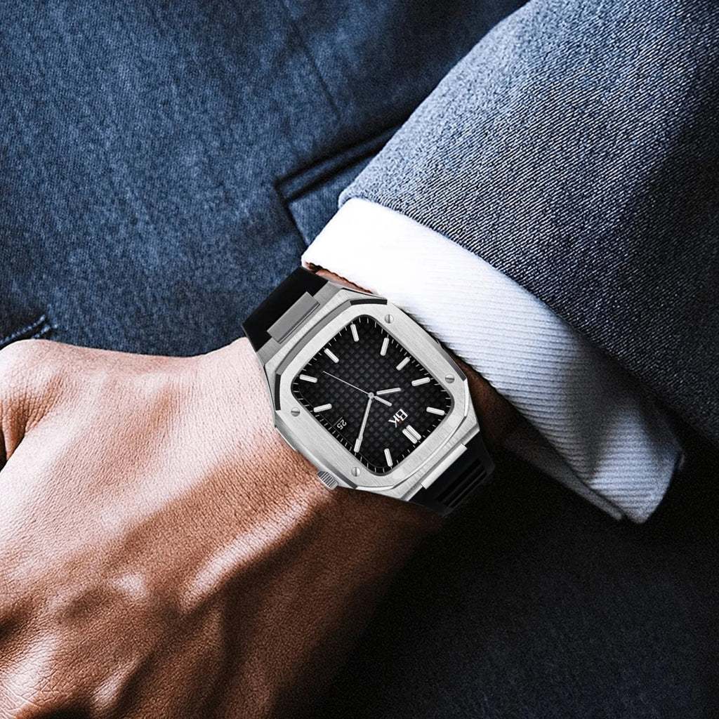 Luxury Metal Mod Kit for Apple Watch | Leather & Stainless Steel Straps | Apple Watch SE/3/4/5/6/7/8 accessory (45 mm| Silver Case - Black Band) - DREAM WATCHES