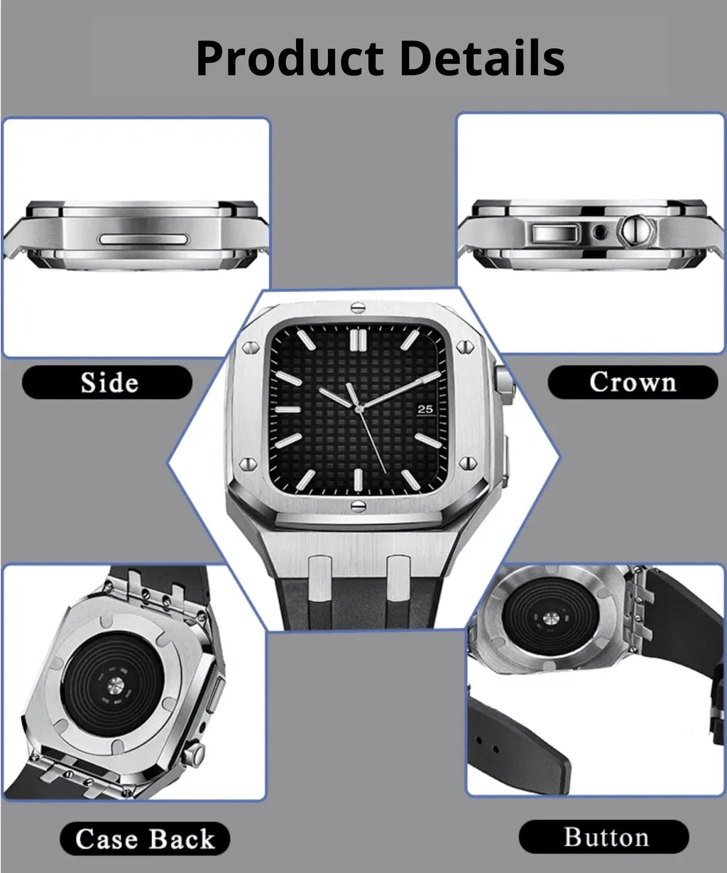 Luxury Metal Mod Kit for Apple Watch | Leather & Stainless Steel Straps | Apple Watch SE/3/4/5/6/7/8 accessory (45 mm| Silver Case - Black Band) - DREAM WATCHES