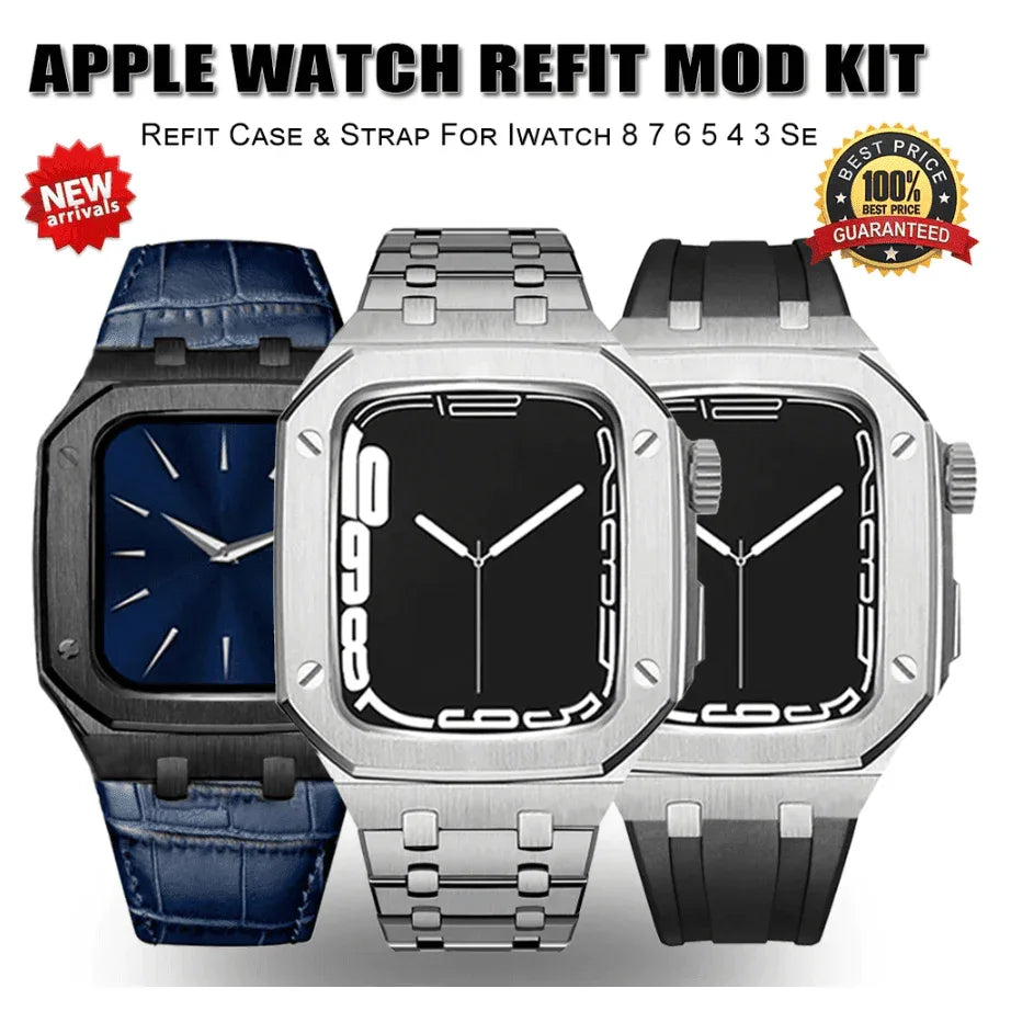 Luxury Metal Mod Kit for Apple Watch | Leather & Stainless Steel Straps | Apple Watch SE/3/4/5/6/7/8 accessory (45 mm| Silver Case - Black Band) - DREAM WATCHES