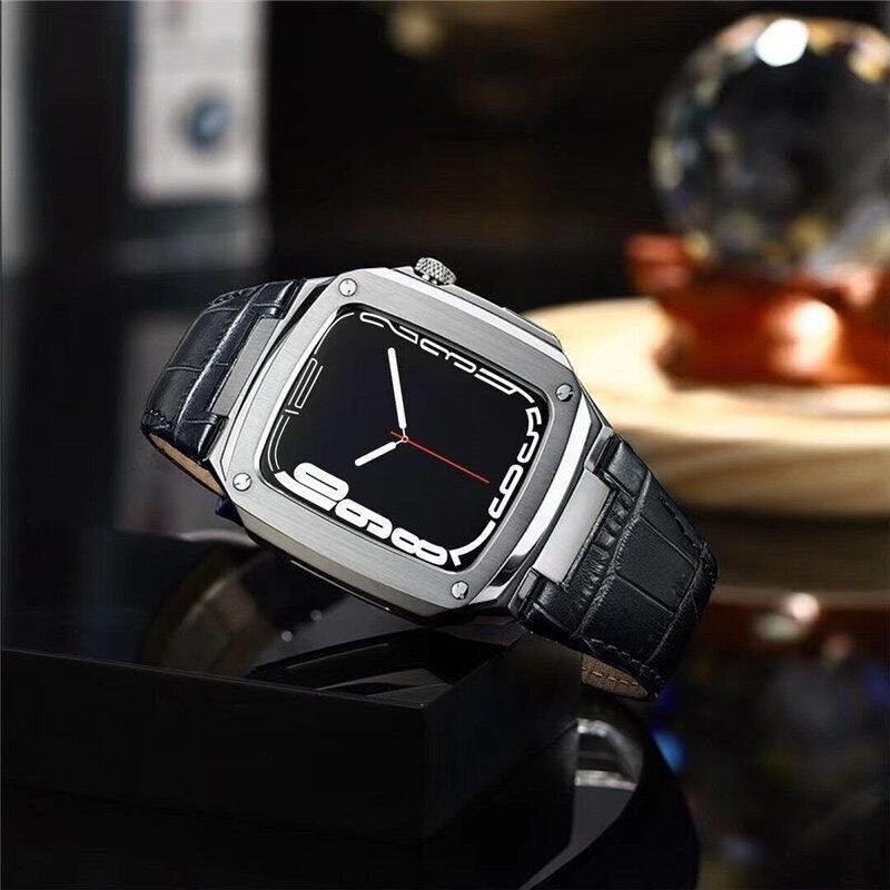 Luxury Metal Mod Kit for Apple Watch | Leather & Stainless Steel Straps | Apple Watch SE/3/4/5/6/7/8 accessory (45 mm| Silver Case - Black Leather Band) - DREAM WATCHES