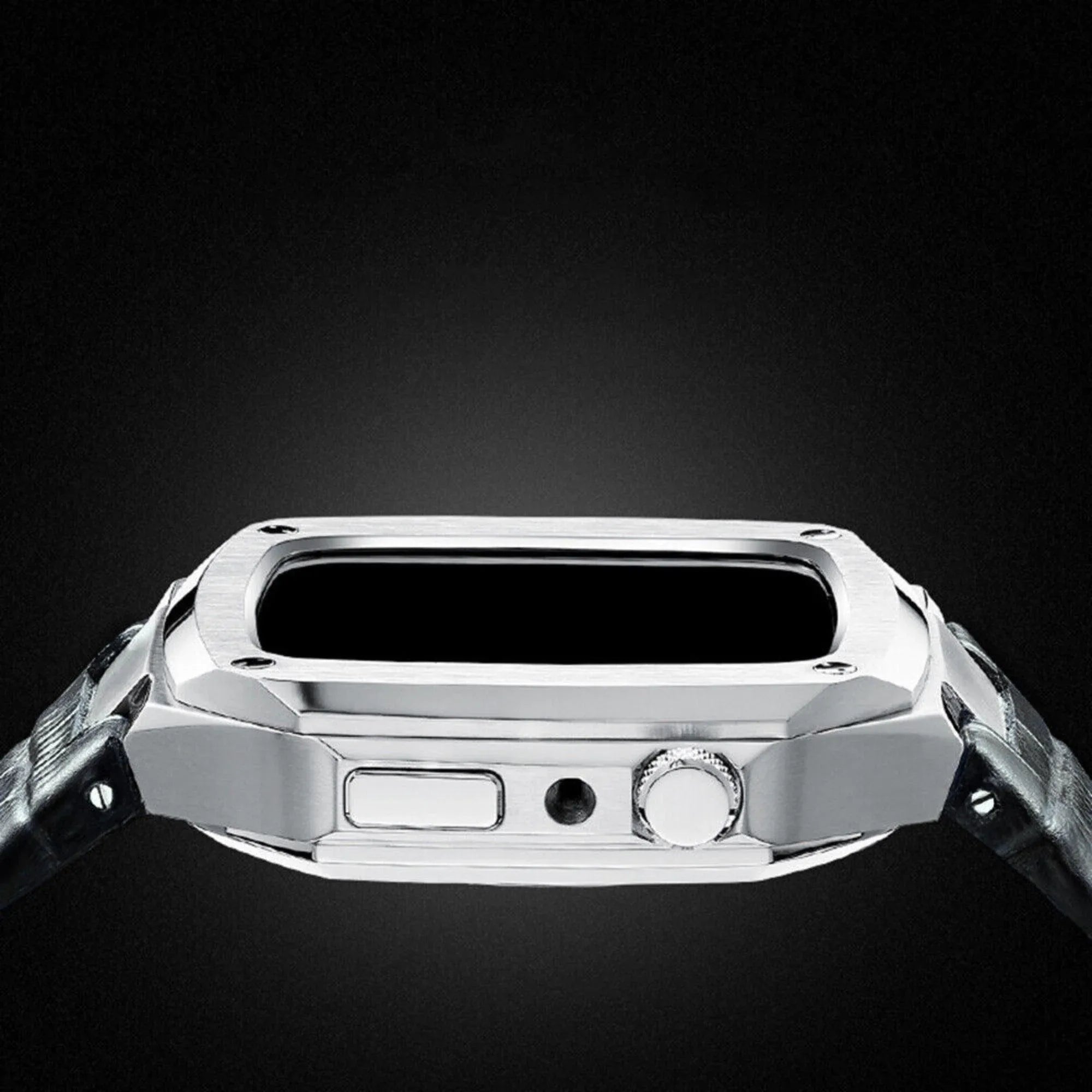 Luxury Metal Mod Kit for Apple Watch | Leather & Stainless Steel Straps | Apple Watch SE/3/4/5/6/7/8 accessory (45 mm| Silver Case - Black Leather Band) - DREAM WATCHES