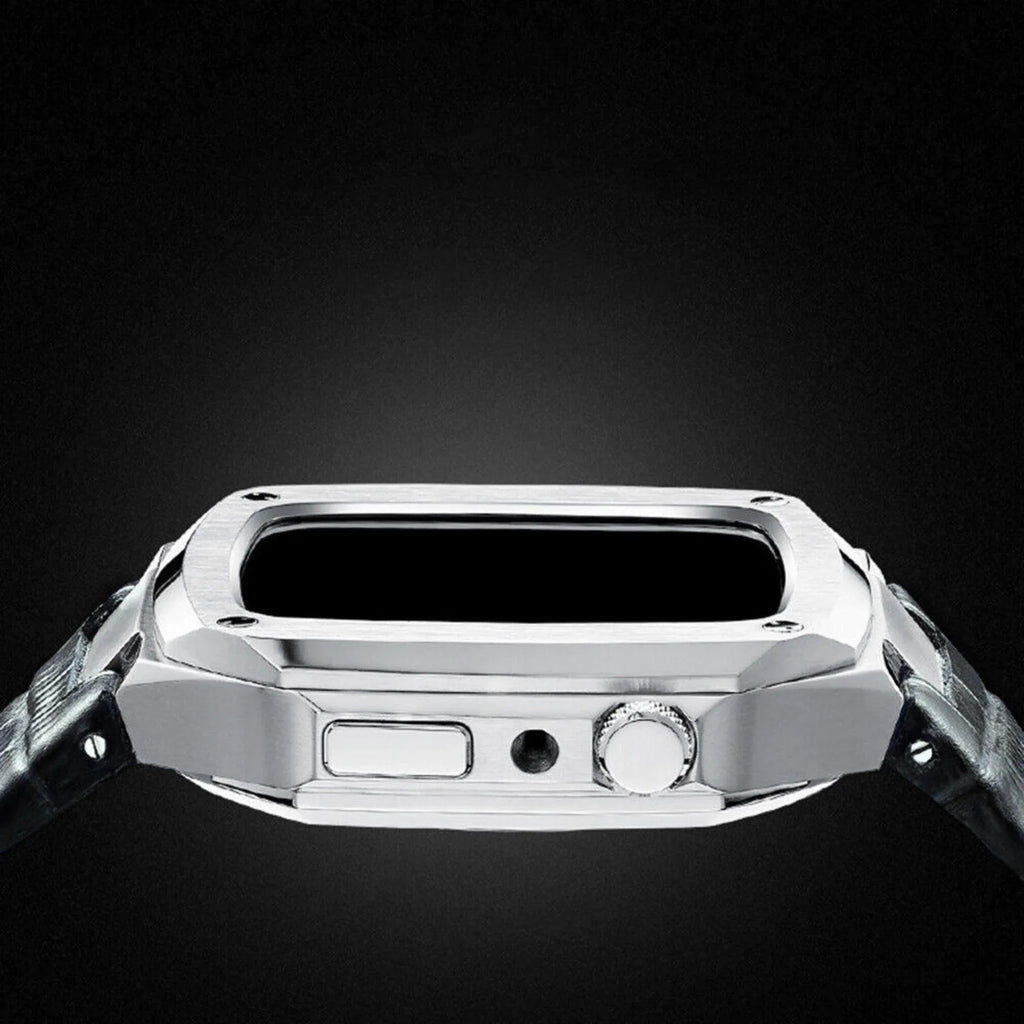 Luxury Metal Mod Kit for Apple Watch | Leather & Stainless Steel Straps | Apple Watch SE/3/4/5/6/7/8 accessory (45 mm| Silver Case - Black Leather Band) - DREAM WATCHES