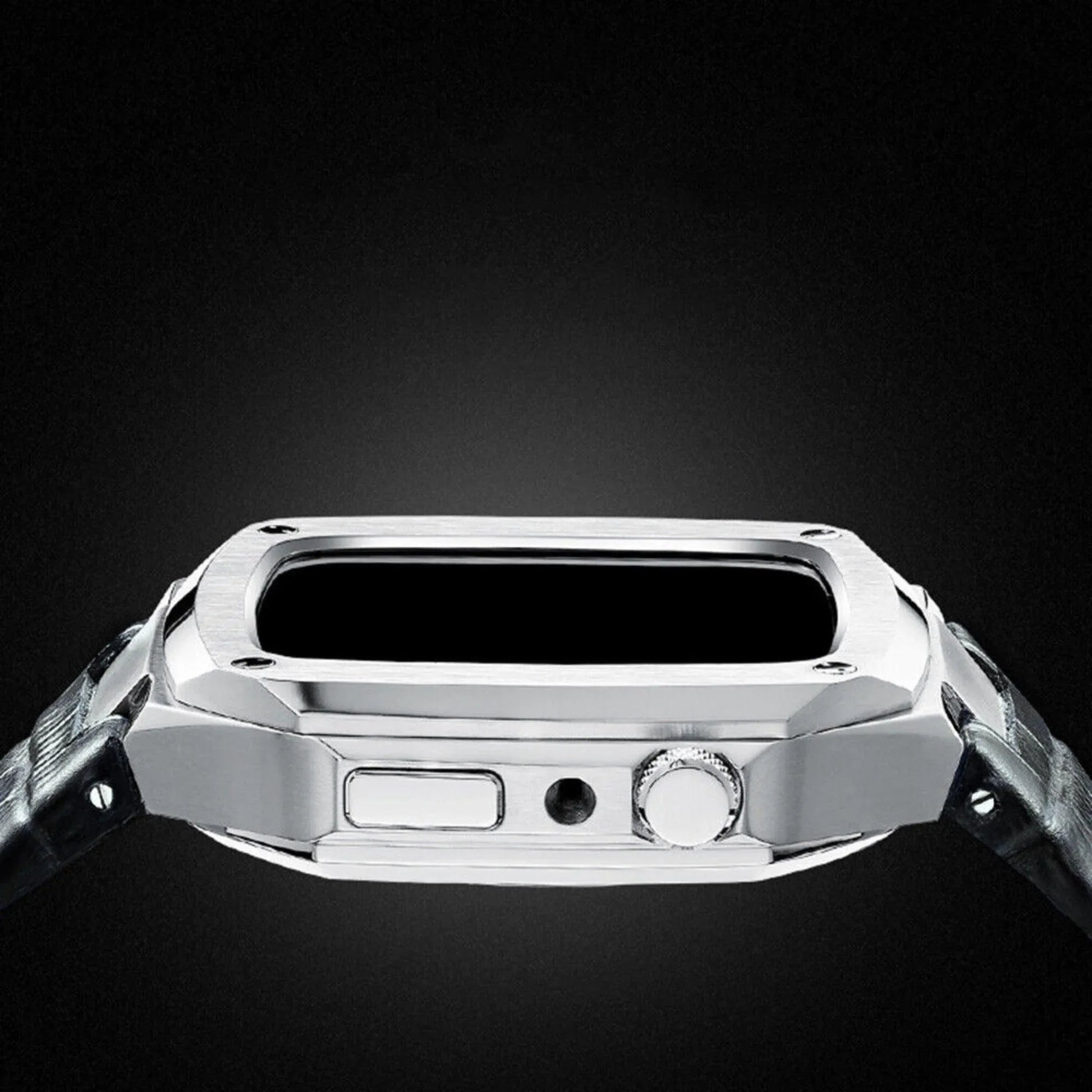 Luxury Metal Mod Kit for Apple Watch | Leather & Stainless Steel Straps | Apple Watch SE/3/4/5/6/7/8 accessory (45 mm| Silver Case - Black Leather Band) - DREAM WATCHES