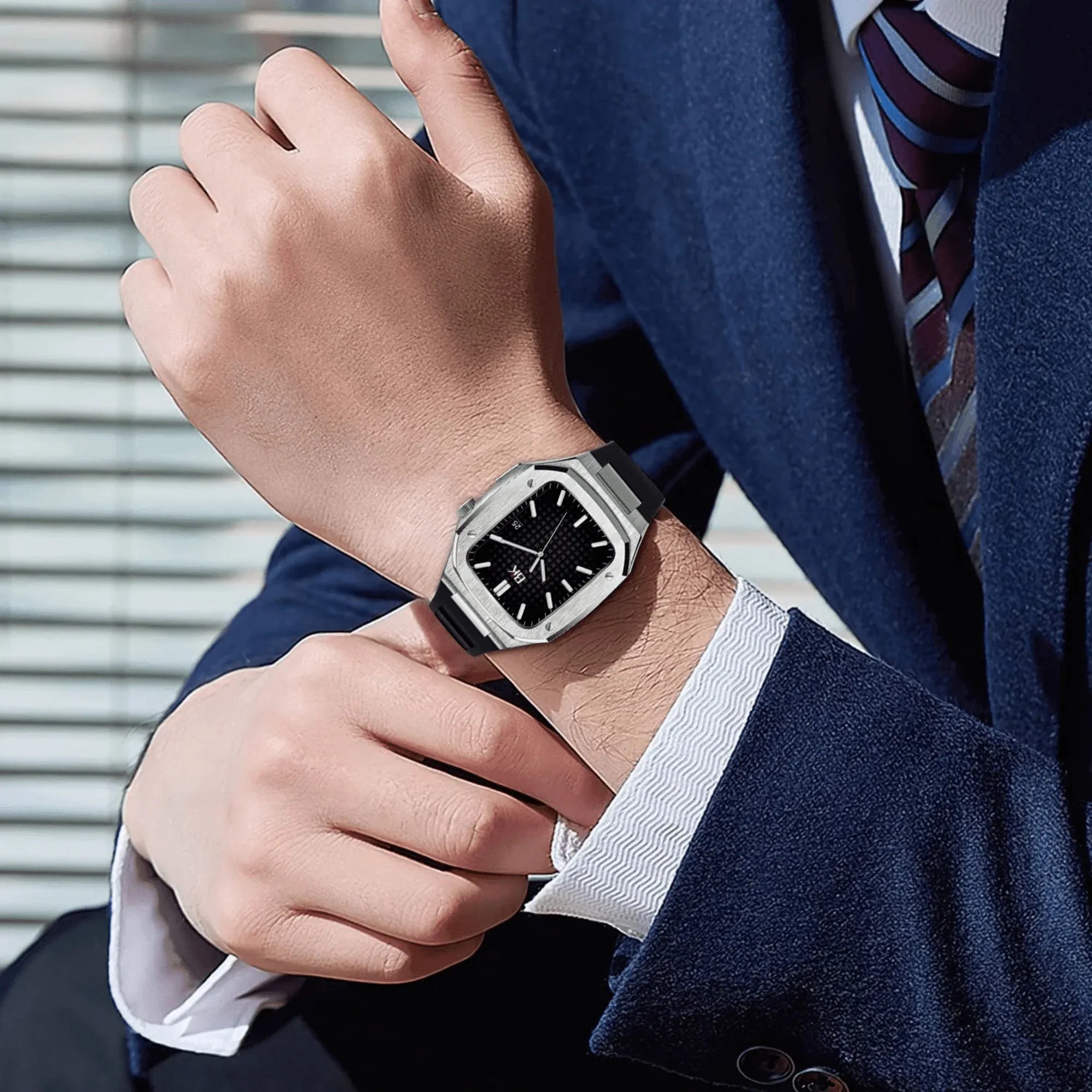 Luxury Metal Mod Kit for Apple Watch | Leather & Stainless Steel Straps | Apple Watch SE/3/4/5/6/7/8 accessory (45 mm| Silver Case - Black Leather Band) - DREAM WATCHES