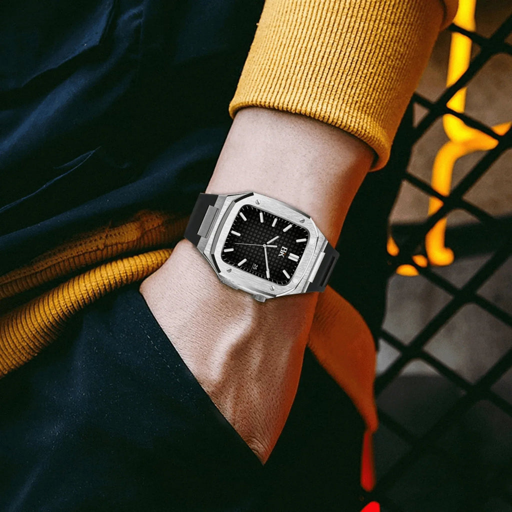 Luxury Metal Mod Kit for Apple Watch | Leather & Stainless Steel Straps | Apple Watch SE/3/4/5/6/7/8 accessory (45 mm| Silver Case - Black Leather Band) - DREAM WATCHES