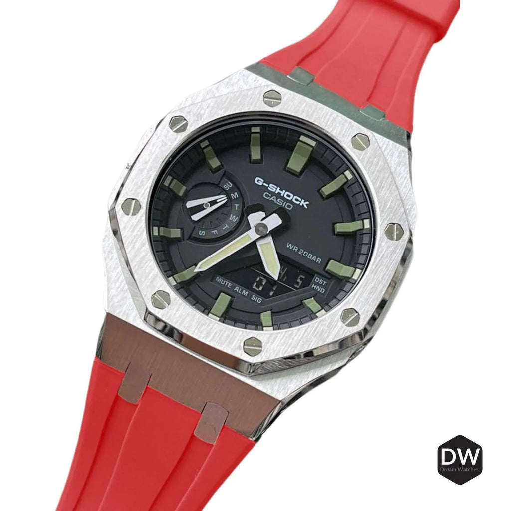 Metal Mod Kit for Casio G-Shock GA2100 & GA-2110/BA-2100 Watches, Metal Case & Rubber Strap, Replacement Accessories, 4th Gen. ,Casioak G-Shock (Red) - DREAM WATCHES