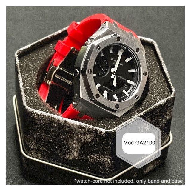 Metal Mod Kit for Casio G-Shock GA2100 & GA-2110/BA-2100 Watches, Metal Case & Rubber Strap, Replacement Accessories, 4th Gen. ,Casioak G-Shock (Red) - DREAM WATCHES