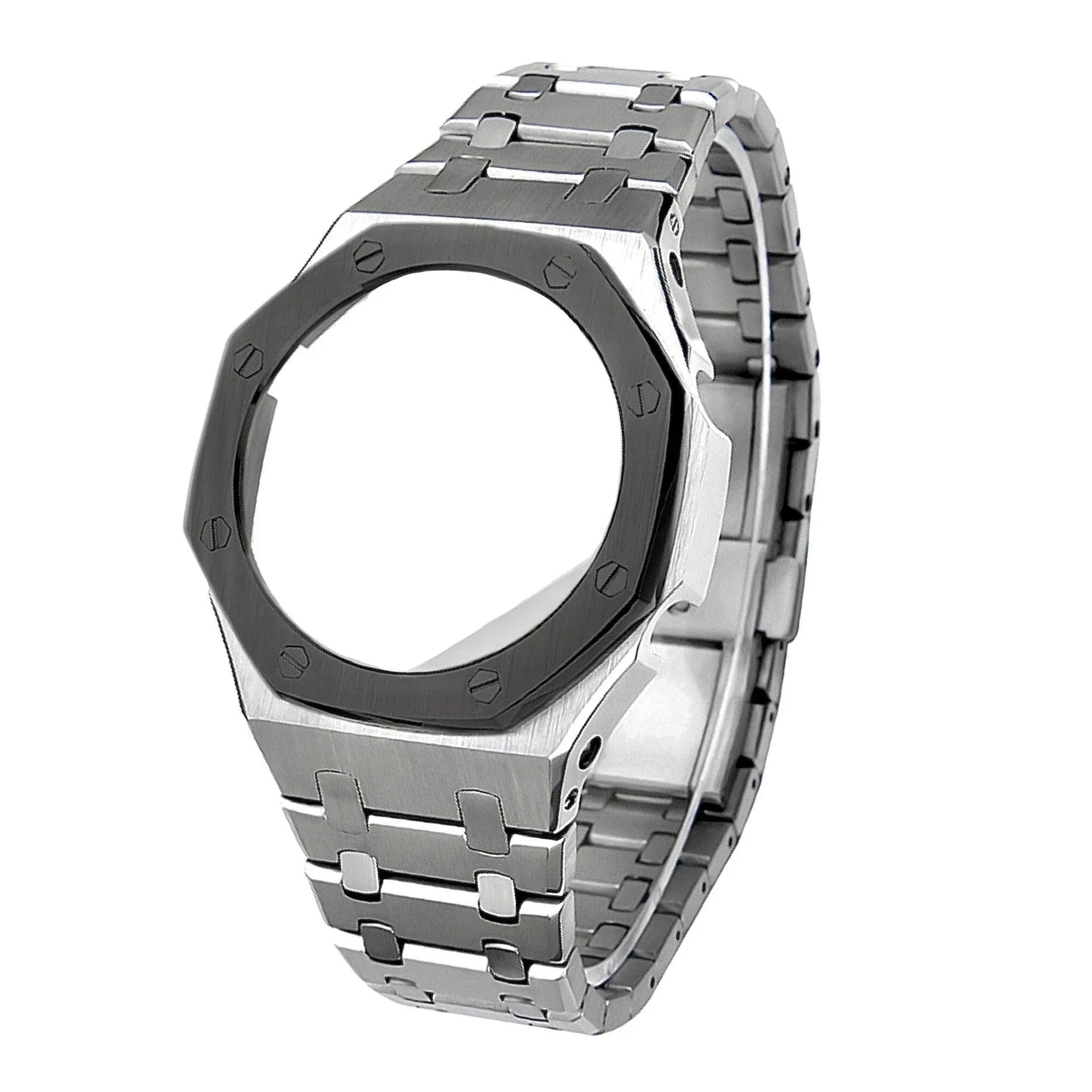 Metal Mod Kit Watchband and Metal Case for G-shock GA-2100 and GA-2110/BA-2100 Casioak (Black Top - Silver Metal Strap) - DREAM WATCHES