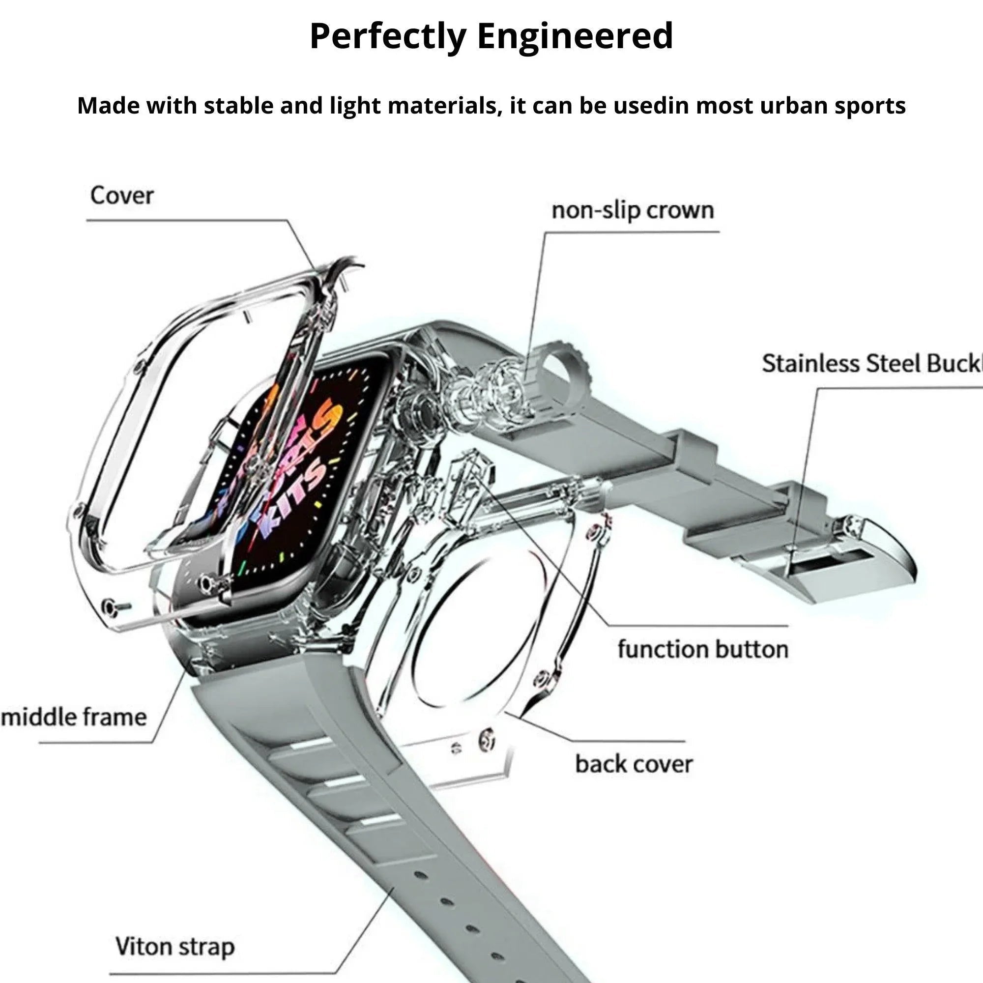 Mod Kit for Apple Watch | Luxury & Sporty Apple Watch Case | Replacement Apple Watch case for SE/3/4/5/6 accessory - 44 mm Bright Grey - DREAM WATCHES