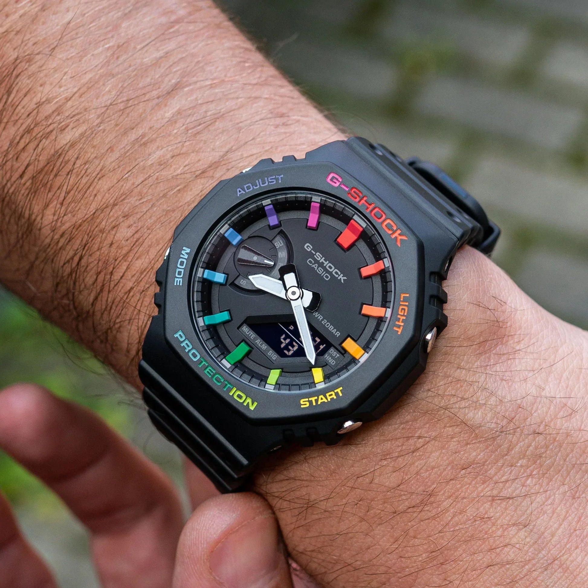 Modified G-Shock with Colourful Indices and Outer Case - CasiOak Black Rainbow - DREAM WATCHES